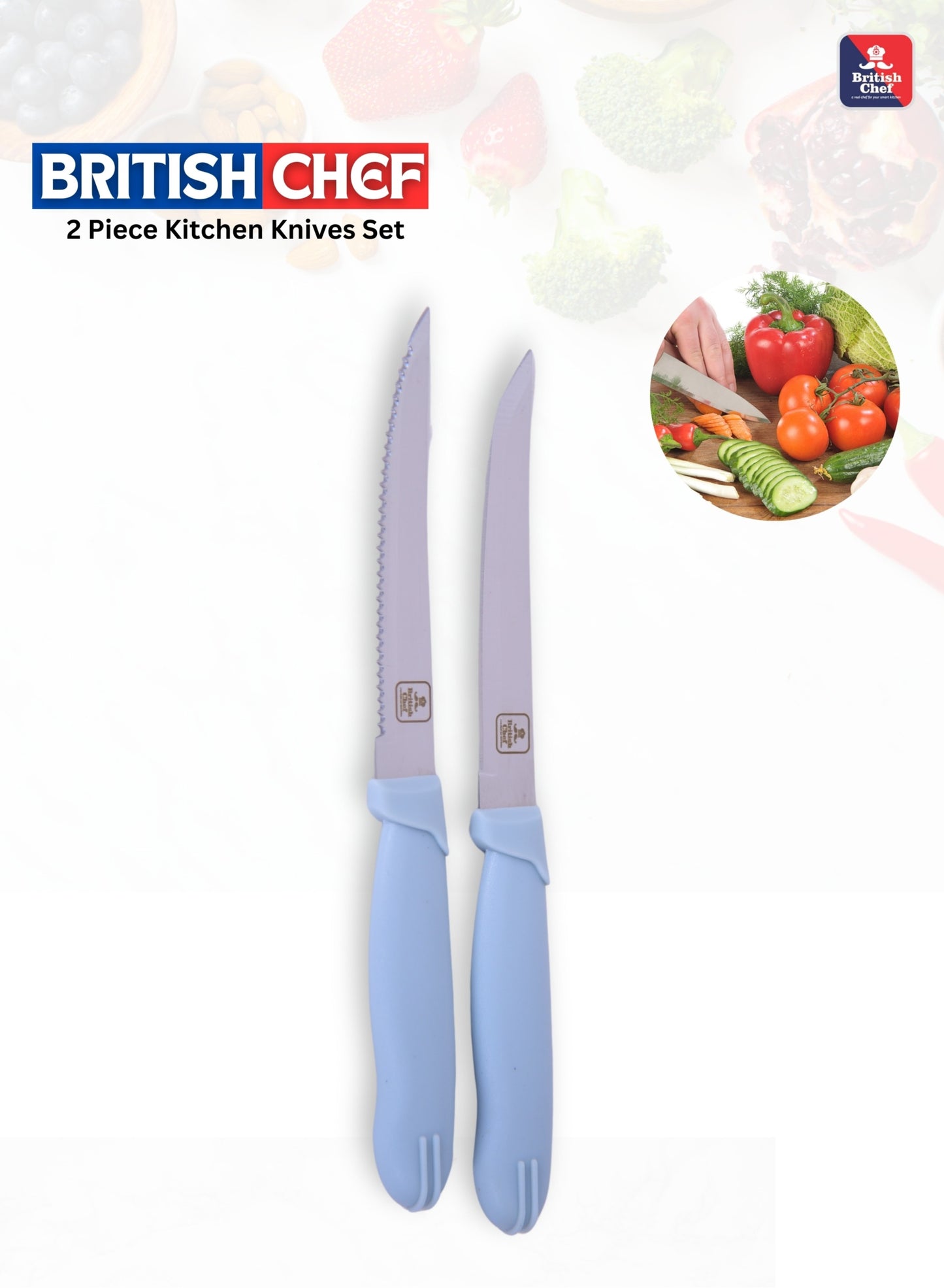 BRITISH CHEF 2 Piece Kitchen Knives Set with Silicon Handle | Sharp Stainless Steel Blades | Durable Design | Carving for Home/Restaurant | Light Blue - BC336