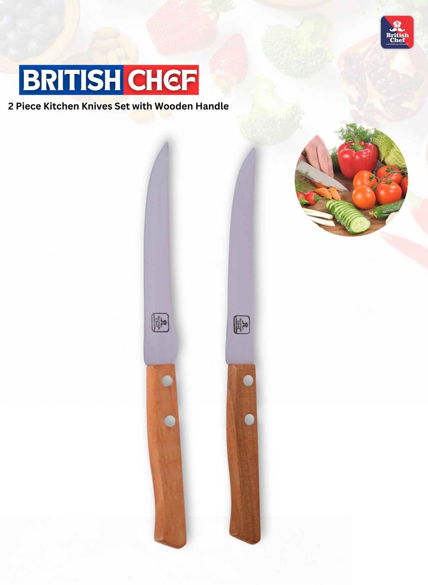BRITISH CHEF 2 Piece Kitchen Knives Set with Wooden Handle | Sharp Stainless Steel Blades | Durable Design | Carving for Home/Restaurant - BC337