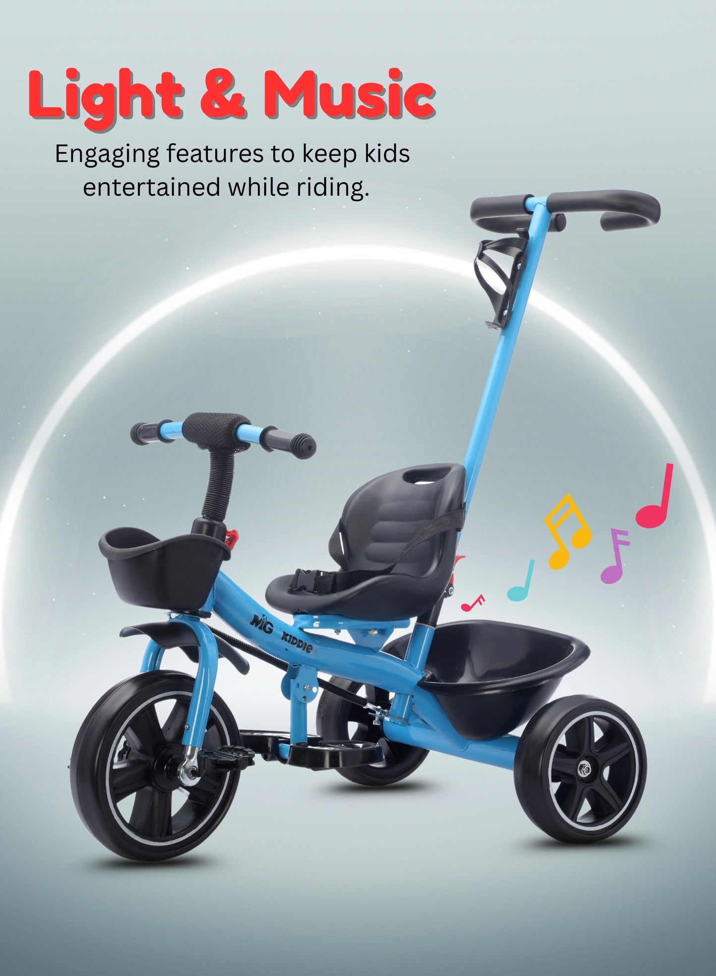 MG Kids 2-in-1 Parental Push Handle Bike with Lights & Music | 3-Wheel Toddler Bike with Front Basket & Rear Storage| Safety Belt | Fun Ride-On Toy For 1-5 Years - MGT913 Blue