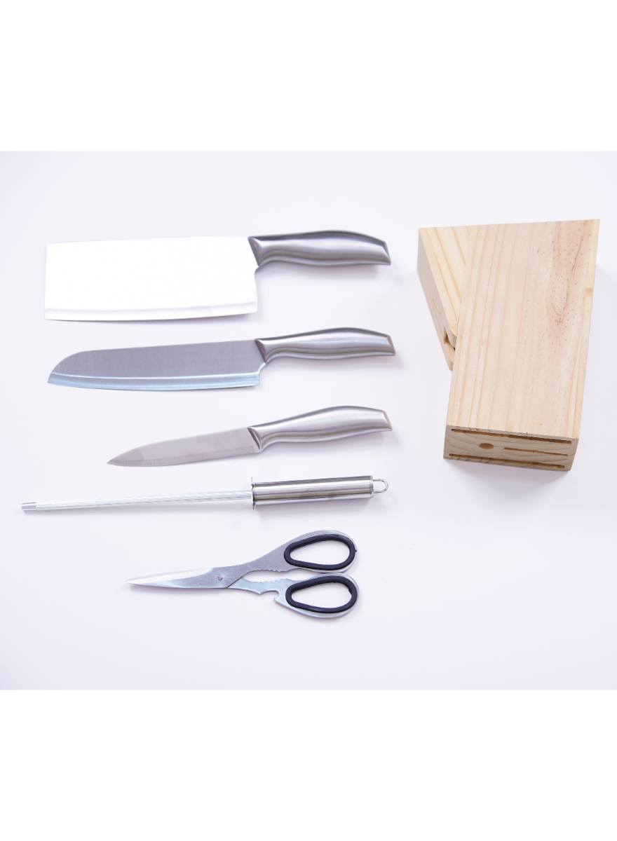 BRITISH CHEF 6-Piece Stainless Steel Kitchen Tool Set: Sharpening Stick, Slicer, Multi-Purpose Knife, Fruit Knife, Kitchen Scissors, and Storage Base - BC311
