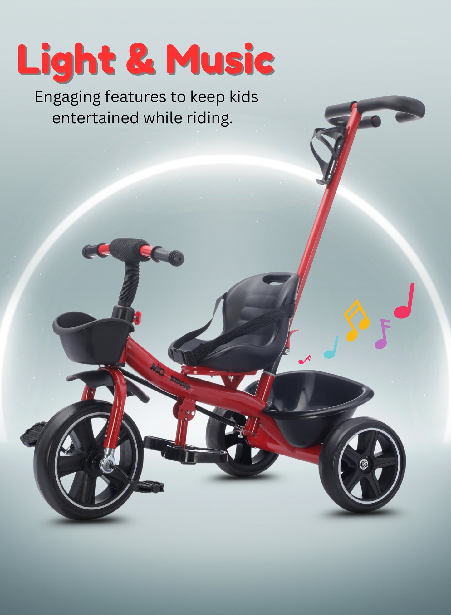 MG Kids 2-in-1 Parental Push Handle Bike with Lights & Music | 3-Wheel Toddler Bike with Front Basket & Rear Storage| Safety Belt | Fun Ride-On Toy For 1-5 Years - MGT913 Red