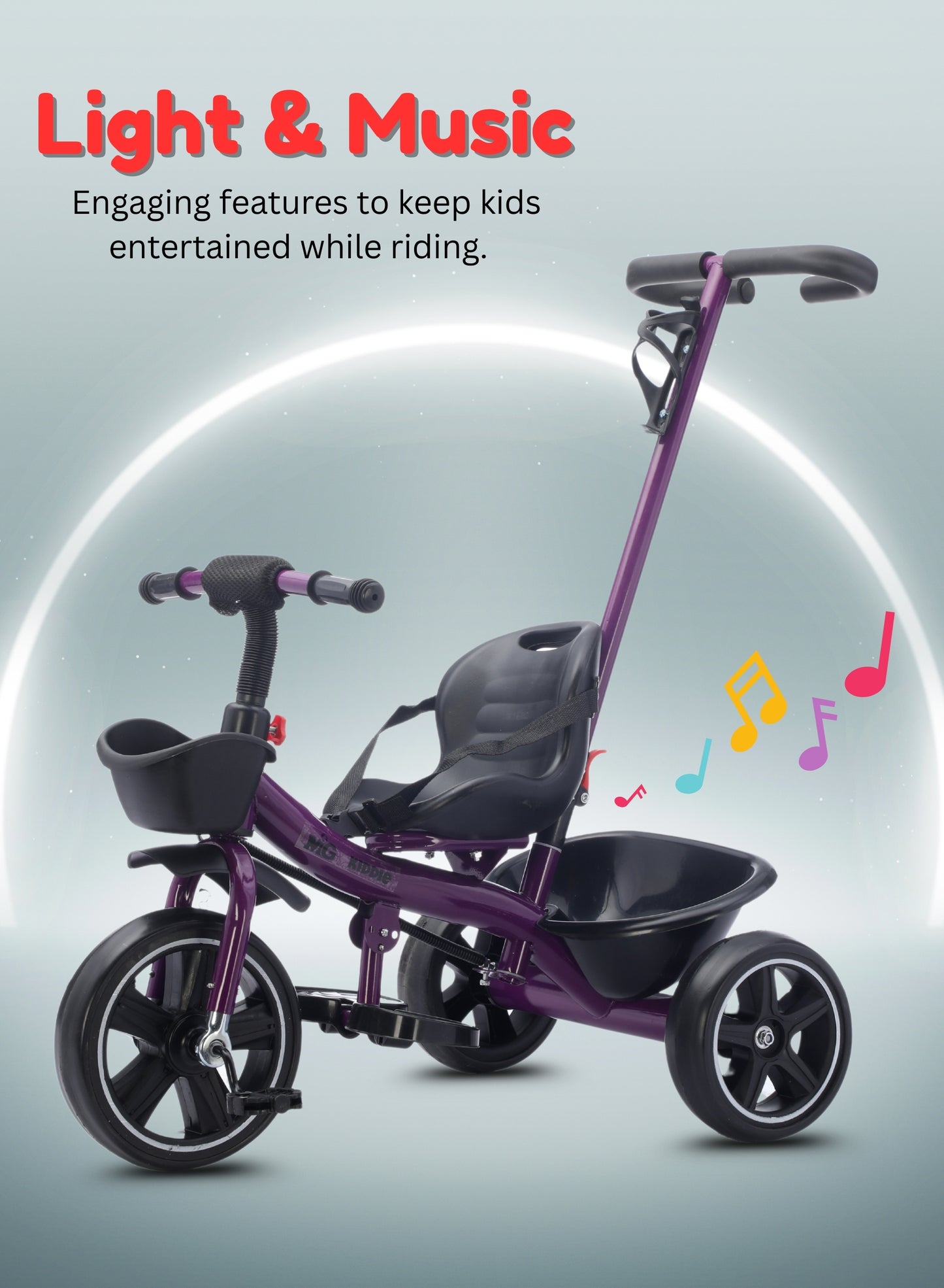 MG Kids 2-in-1 Parental Push Handle Bike with Lights & Music | 3-Wheel Toddler Bike with Front Basket & Rear Storage| Safety Belt | Fun Ride-On Toy For 1-5 Years - MGT913 Purple