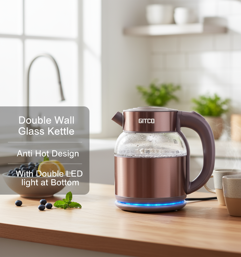 GITCO Electric Double Wall Glass Kettle 1.8L Capacity with Auto Shut-Off, Fast Boiling & Dry Protection