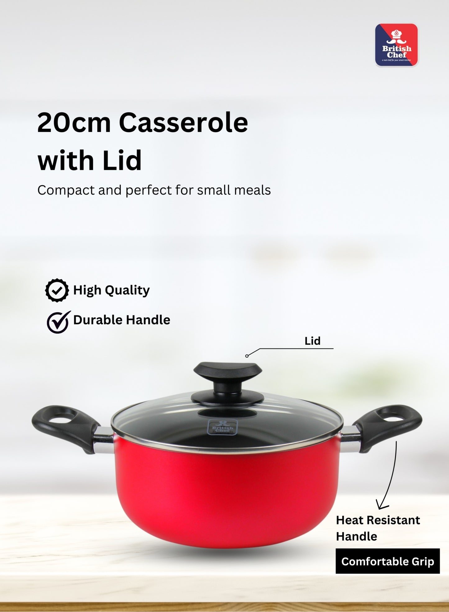 BRITISH CHEF 10 Piece Nonstick Cookware Set | Nonstick Coating For Cooking | 20CM & 24CM Casserole With Lid | 24CM Frying Pan | 18CM Saucepan | 28CM Tawa | 2 Nylon Kitchen Tools | BC130