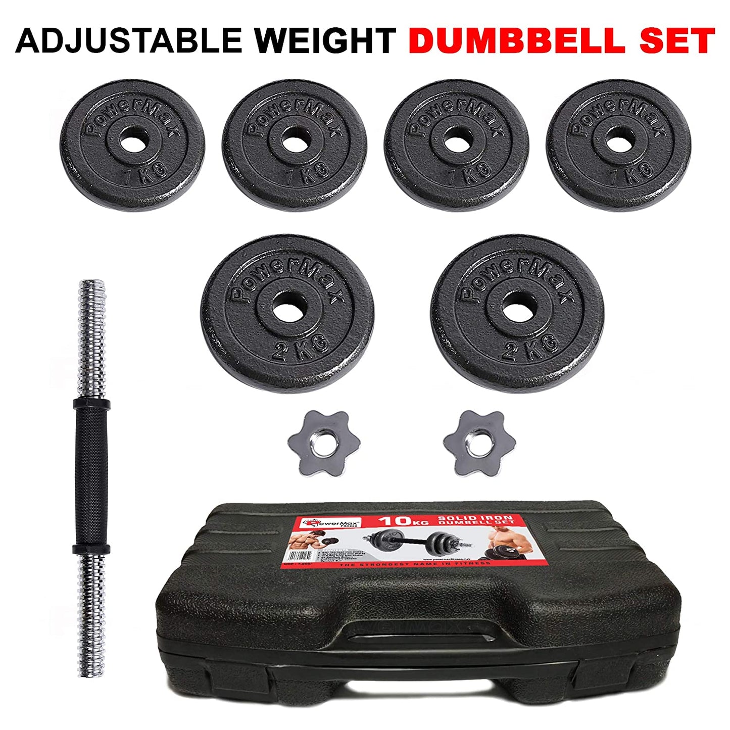 POWERMAX Fitness Adjustable Coated Iron Dumbbell And Anti-Slip Rod Set With Carry Case - BLACK