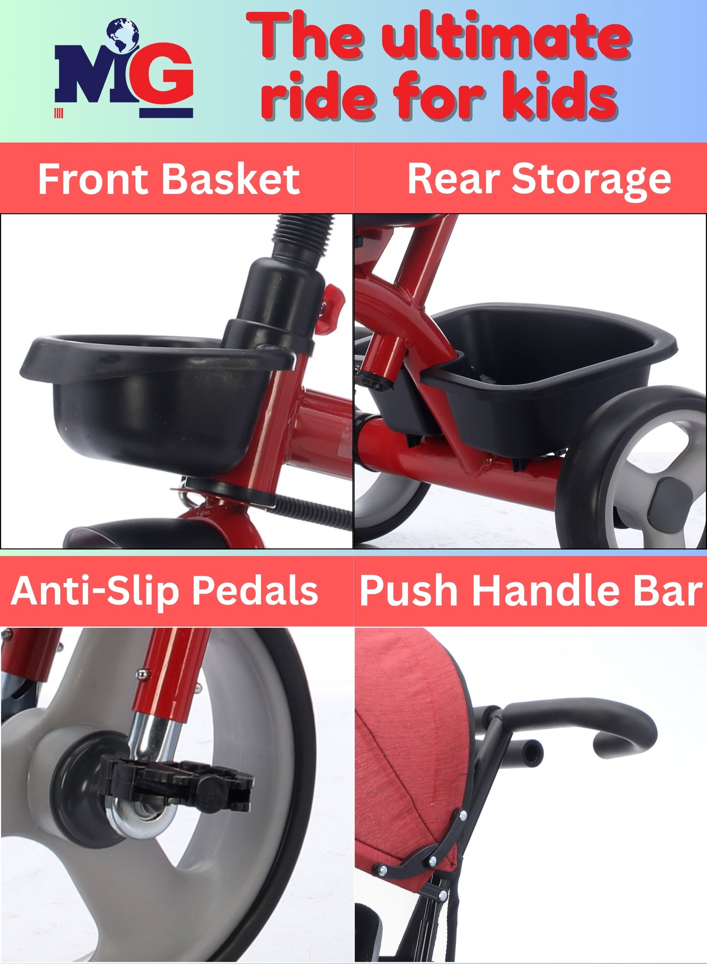 MG Folding Toddler Tricycle For 1-5 Years Old| 4-in-1 Kids Stroller Trolley | 360° Swivel Seat | Removable Push Handle | Rear Wheel Dual Brakes | Adjustable Canopy & Storage - MGT914 Red
