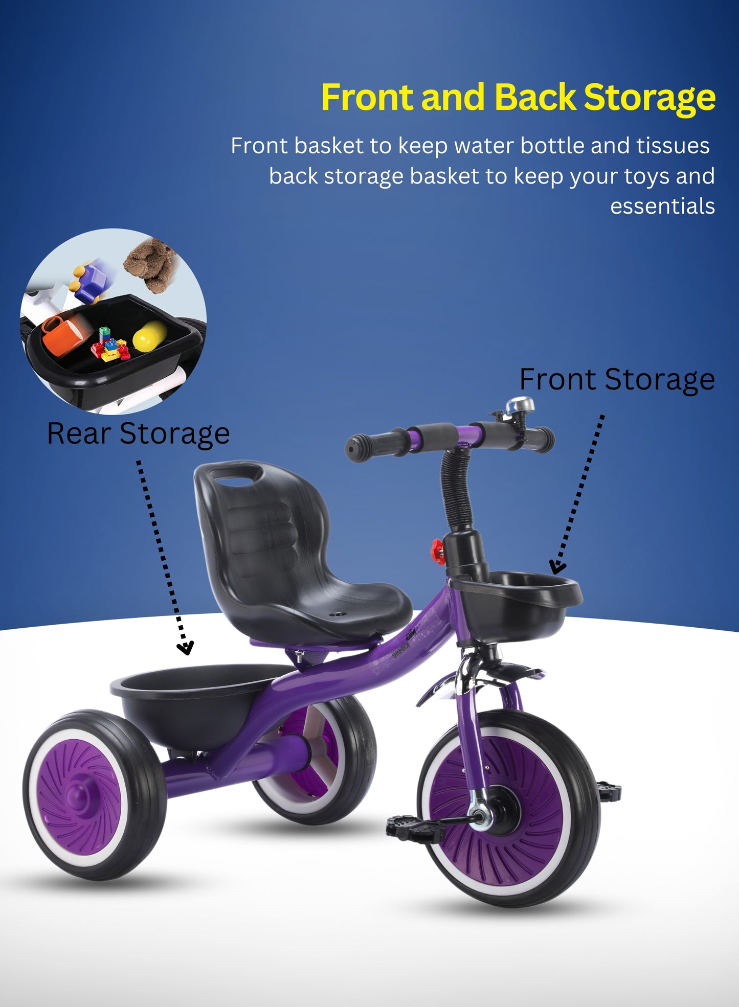 MG Tricycle for Kids | 3-Wheels Bike Scooters | Front and Rear Basket,Bell and Color Wheels | Boys and Girls | Age 1 to 5 Years Baby Tricycle - MGT906 PURPLE
