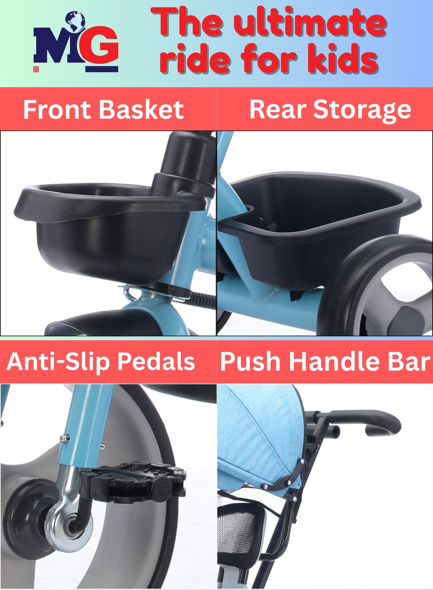 MG Folding Toddler Tricycle For 1-5 Years Old| 4-in-1 Kids Stroller Trolley | 360° Swivel Seat | Removable Push Handle | Rear Wheel Dual Brakes | Adjustable Canopy & Storage - MGT914 Blue