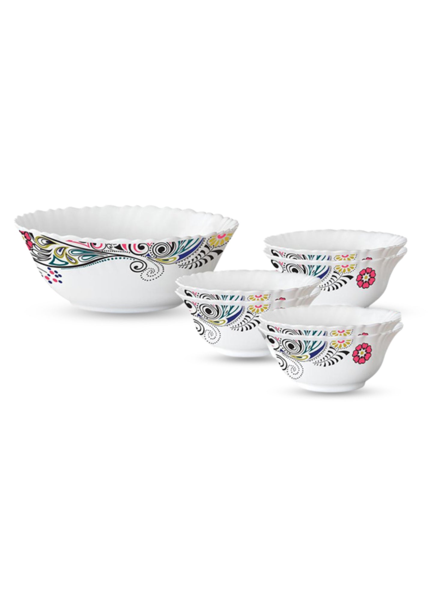 BRITISH CHEF 7 Piece Opalware Red Lily Pudding Set | 1 Piece Serving & 6 Piece Veg Bowls | Microwave & Dishwasher Safe| Chip & Scratch Resistant | WHITE - BC2010PS