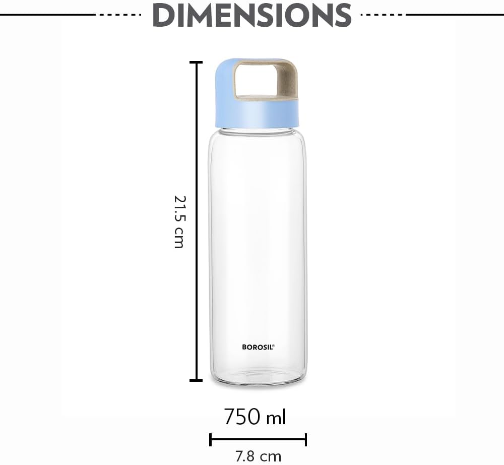 BOROSIL Neo Glass Bottle | Reusable | Refillable | Hot Water | Cold Water | Leak Proof | Wide Mouth | Microwavable | Freezable | 750ML