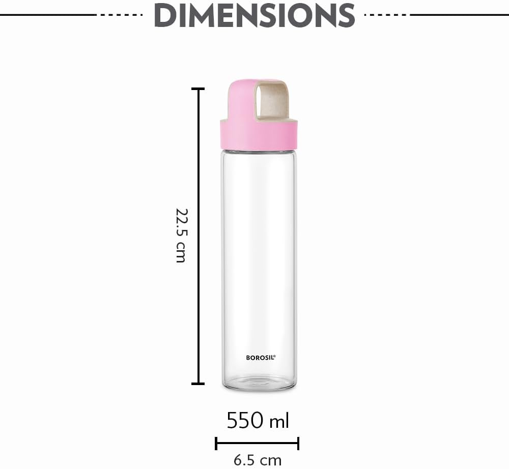 BOROSIL Crysto Glass Bottle With Pink Lid | Reusable | Refillable | Hot Water | Cold Water | Leak Proof | Microwavable | Freezer Safe | Wide Mouth Husk Lid | 550ML | BVUNEPNK550