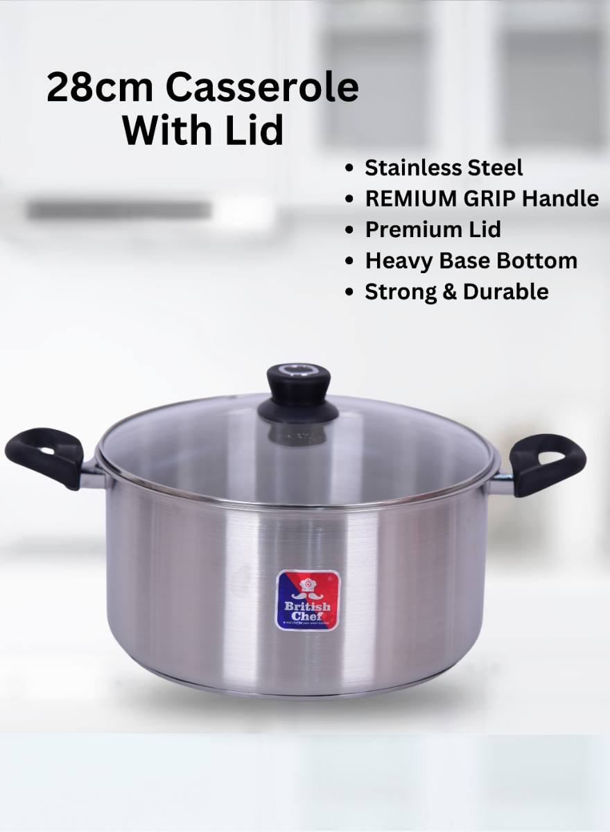 BRITISH CHEF 7 Piece Stainless Steel Nonstick Cookware Set | Induction Base, Heavy Base Bottom | 28cm Casserole+Lid | 16cm Sauce Pan | 24cm Fry pan | 20cm Casserole+Lid | BC177