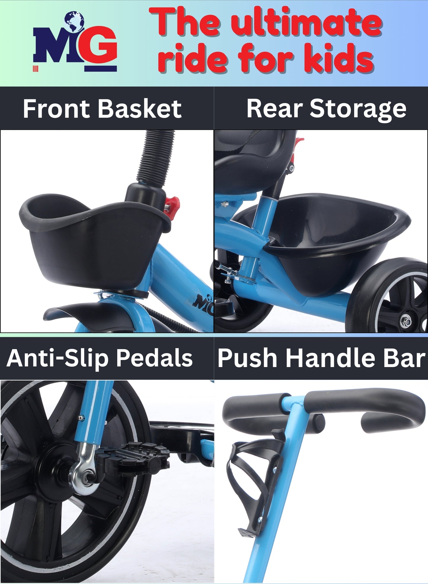 MG Kids 2-in-1 Parental Push Handle Bike with Lights & Music | 3-Wheel Toddler Bike with Front Basket & Rear Storage| Safety Belt | Fun Ride-On Toy For 1-5 Years - MGT913 Blue