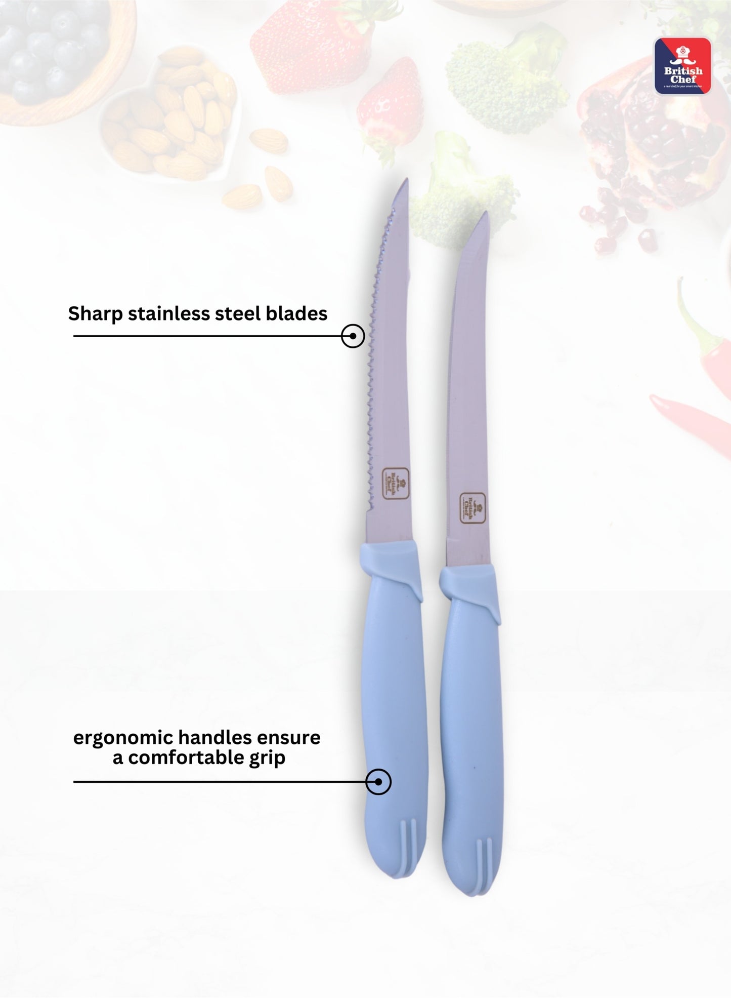 BRITISH CHEF 2 Piece Kitchen Knives Set with Silicon Handle | Sharp Stainless Steel Blades | Durable Design | Carving for Home/Restaurant | Light Blue - BC336