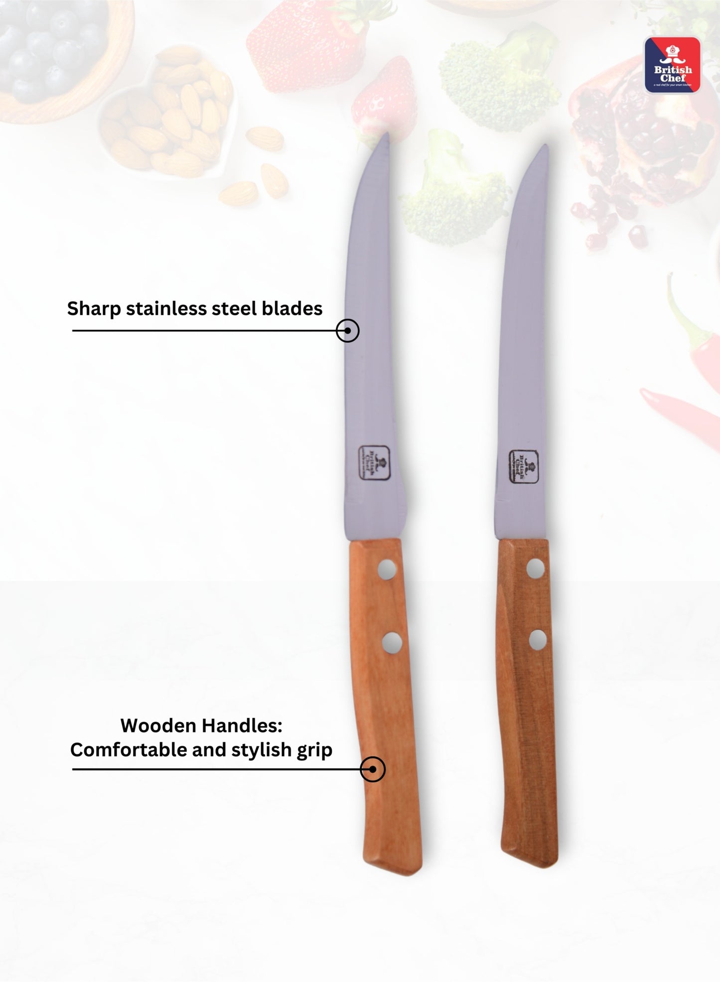 BRITISH CHEF 2 Piece Kitchen Knives Set with Wooden Handle | Sharp Stainless Steel Blades | Durable Design | Carving for Home/Restaurant - BC337