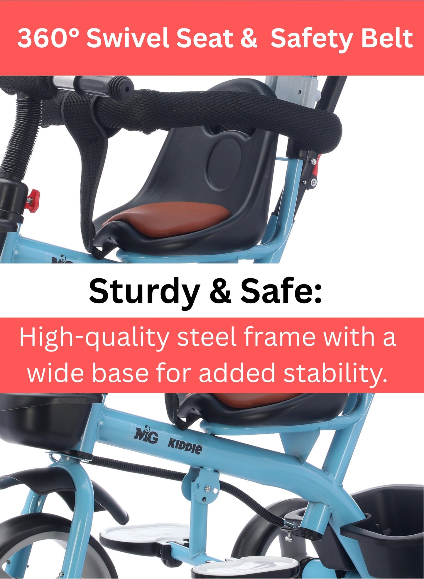 MG Folding Toddler Tricycle For 1-5 Years Old| 4-in-1 Kids Stroller Trolley | 360° Swivel Seat | Removable Push Handle | Rear Wheel Dual Brakes | Adjustable Canopy & Storage - MGT914 Blue
