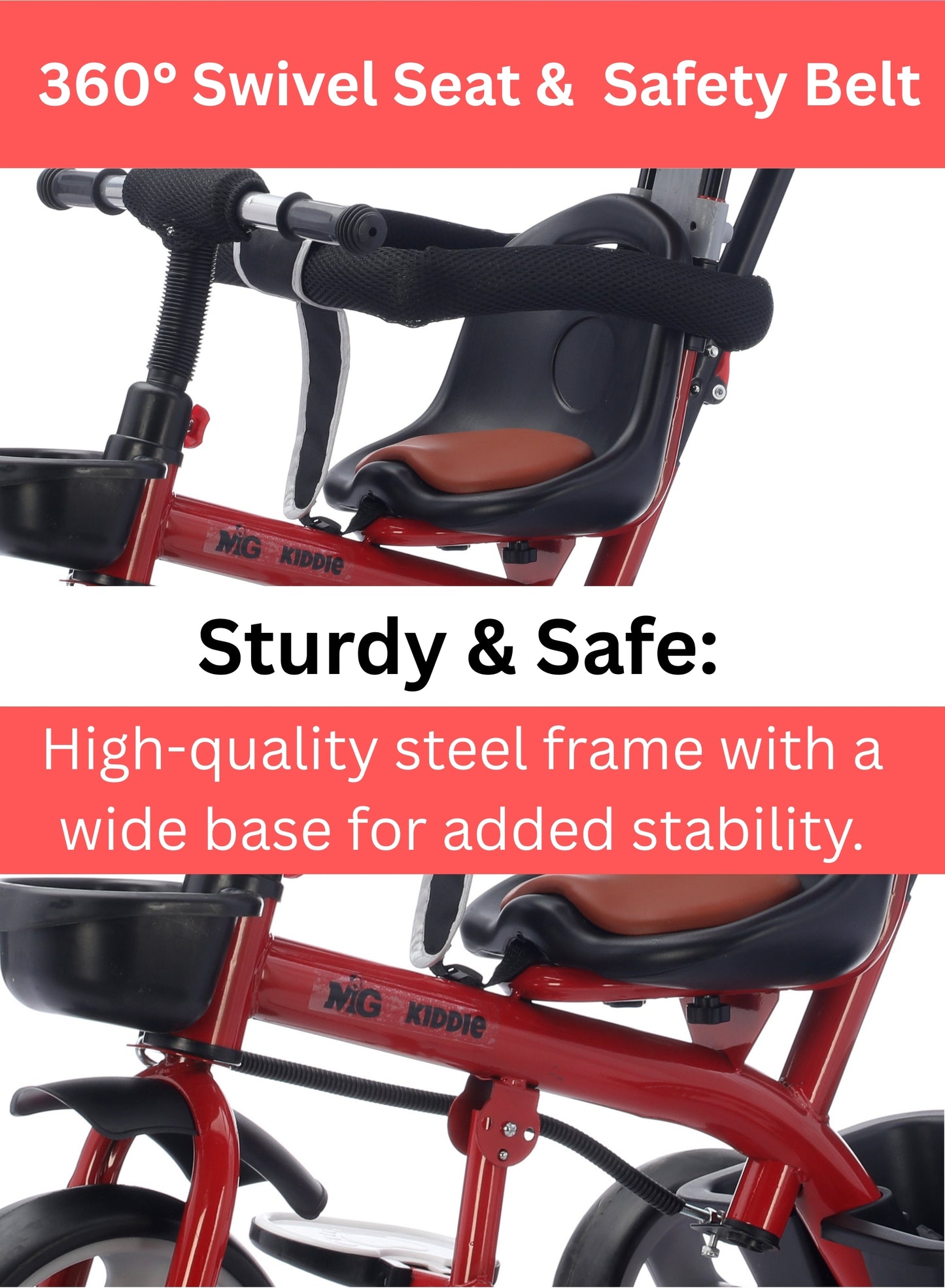 MG Folding Toddler Tricycle For 1-5 Years Old| 4-in-1 Kids Stroller Trolley | 360° Swivel Seat | Removable Push Handle | Rear Wheel Dual Brakes | Adjustable Canopy & Storage - MGT914 Red