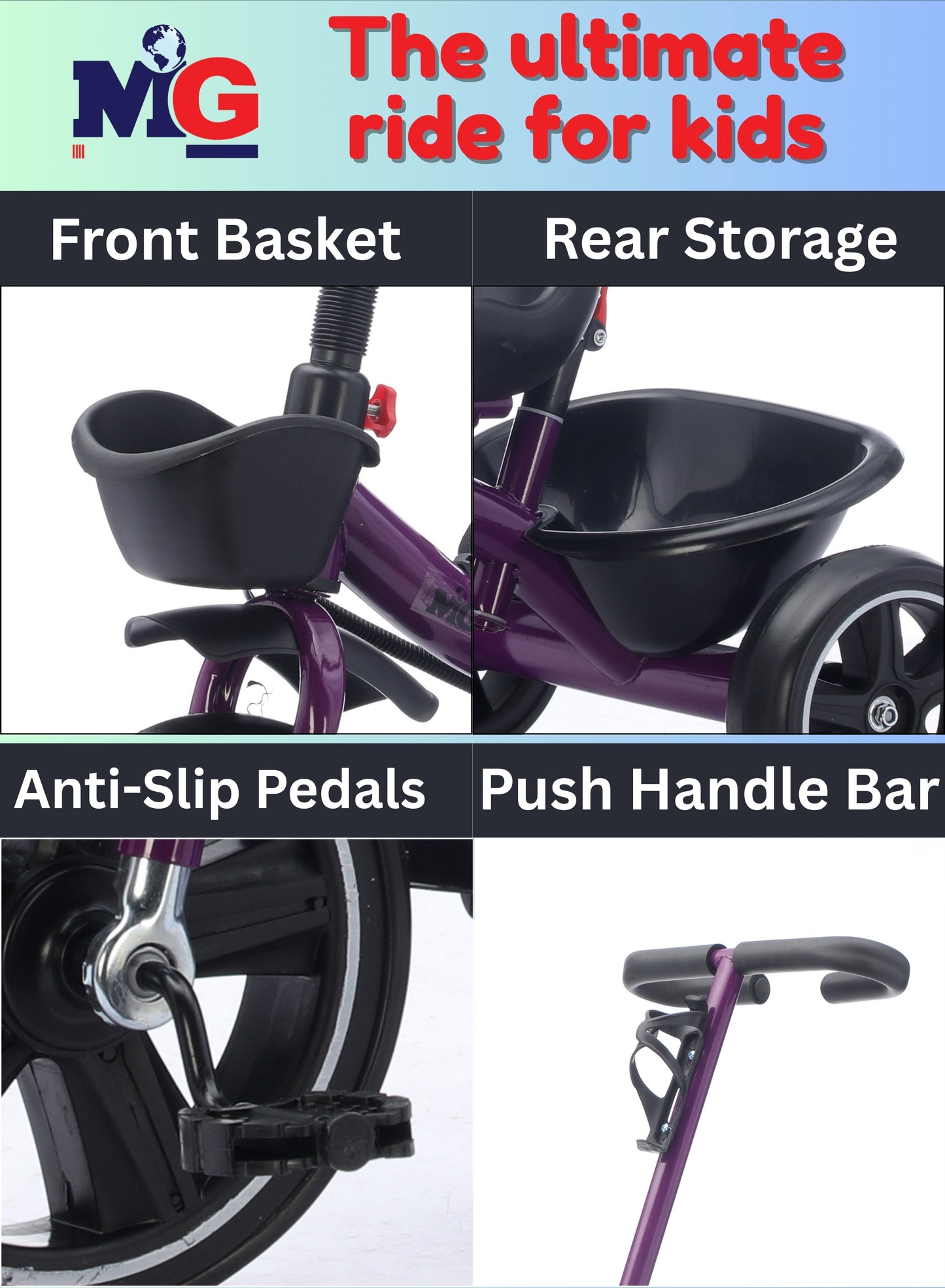 MG Kids 2-in-1 Parental Push Handle Bike with Lights & Music | 3-Wheel Toddler Bike with Front Basket & Rear Storage| Safety Belt | Fun Ride-On Toy For 1-5 Years - MGT913 Purple