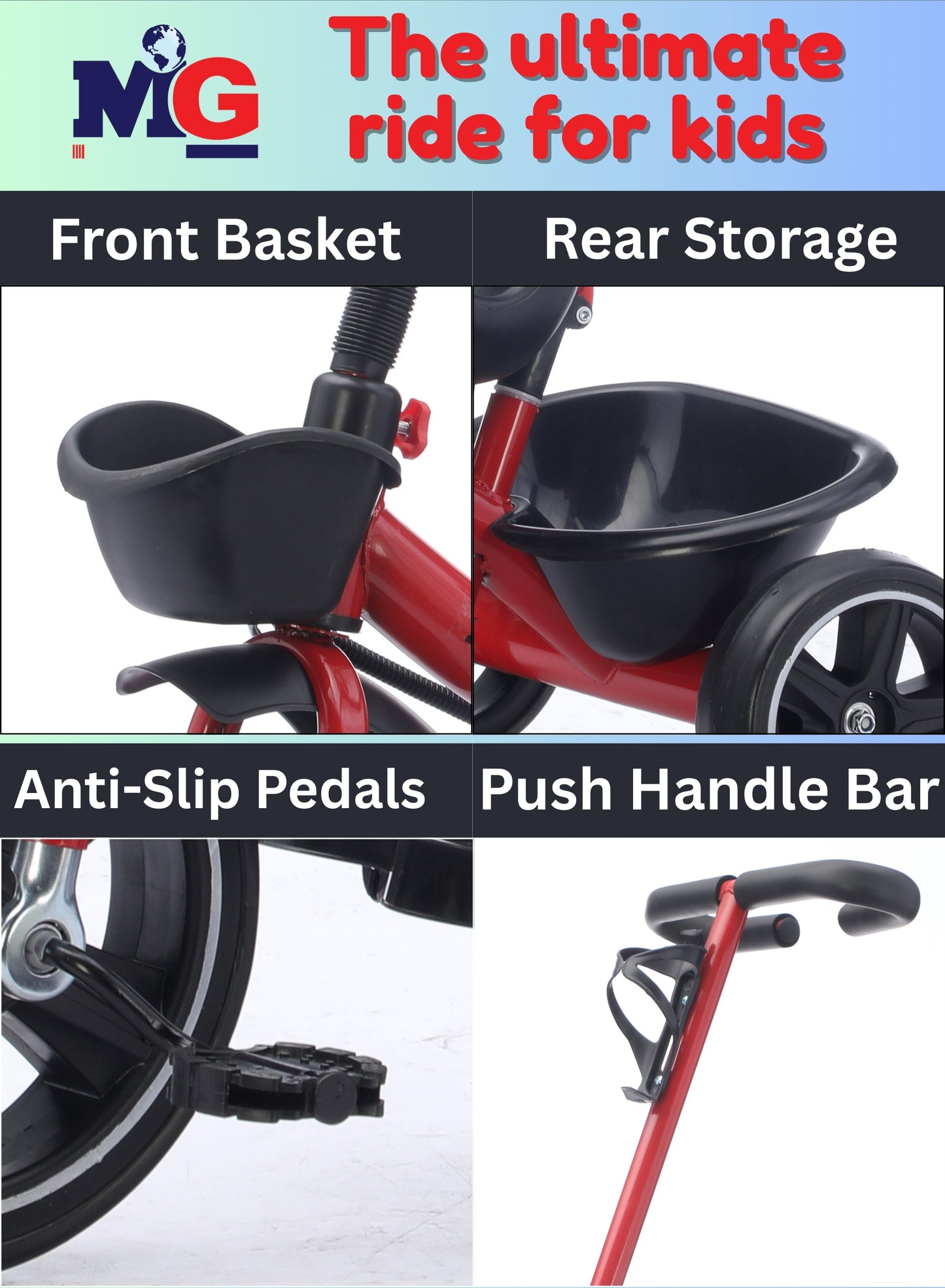 MG Kids 2-in-1 Parental Push Handle Bike with Lights & Music | 3-Wheel Toddler Bike with Front Basket & Rear Storage| Safety Belt | Fun Ride-On Toy For 1-5 Years - MGT913 Red