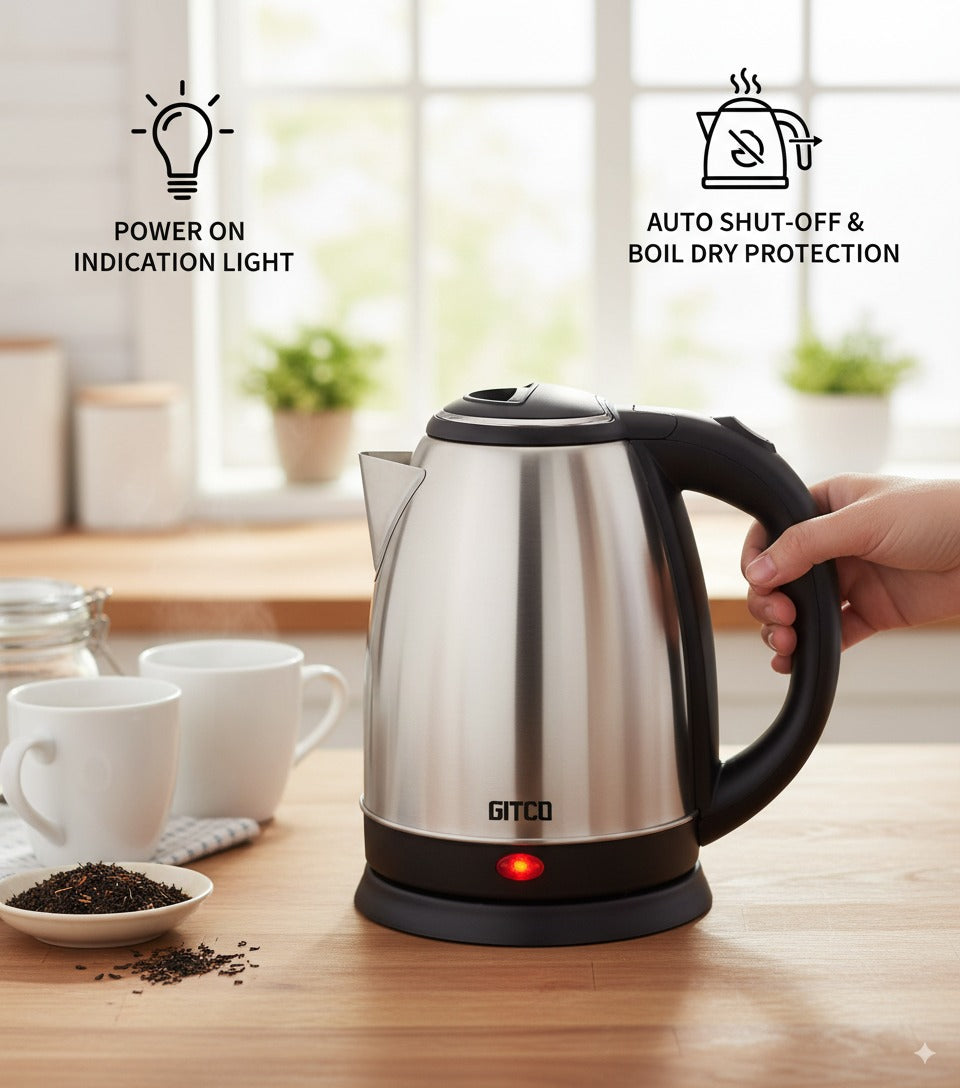 GITCO Electric Stainless Steel Kettle 1.8L Capacity with Auto Shut-Off, Fast Boiling & Dry Protection