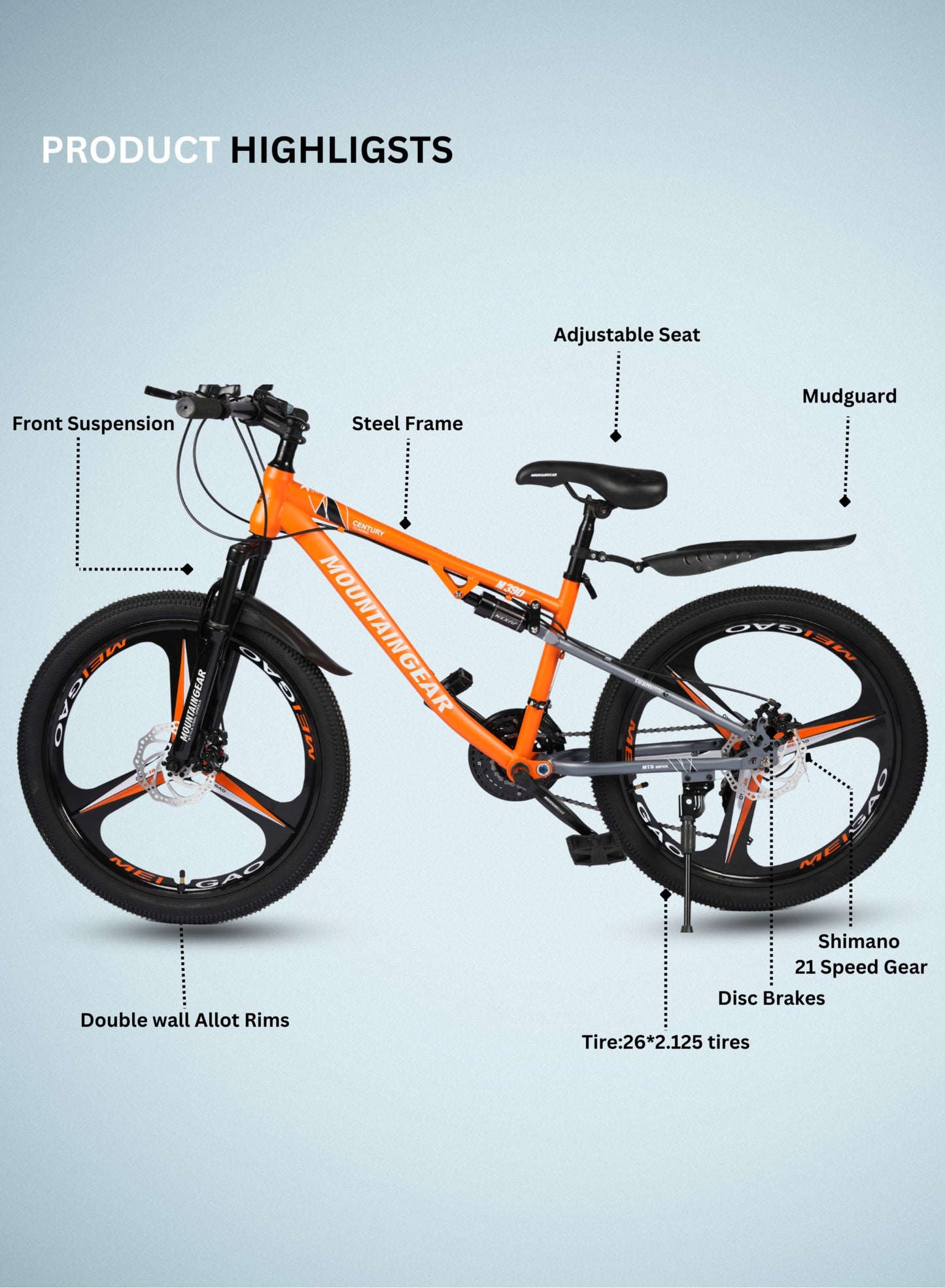 MOUNTAIN GEAR 21-Speed MTB Mountain Bike | 24-Inch Bicycle with High Carbon Steel Frame | Mag Wheel | Disc Brakes | 38 Shock-Absorbing Front Fork | TX-30 Shimano Shifters | PVC Pedals | MTB Seat - MGR311381