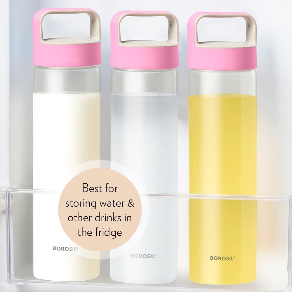 BOROSIL Crysto Glass Bottle With Pink Lid | Reusable | Refillable | Hot Water | Cold Water | Leak Proof | Microwavable | Freezer Safe | Wide Mouth Husk Lid | 550ML | BVUNEPNK550