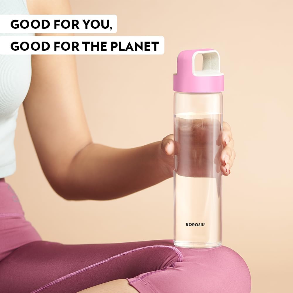 BOROSIL Crysto Glass Bottle With Pink Lid | Reusable | Refillable | Hot Water | Cold Water | Leak Proof | Microwavable | Freezer Safe | Wide Mouth Husk Lid | 550ML | BVUNEPNK550