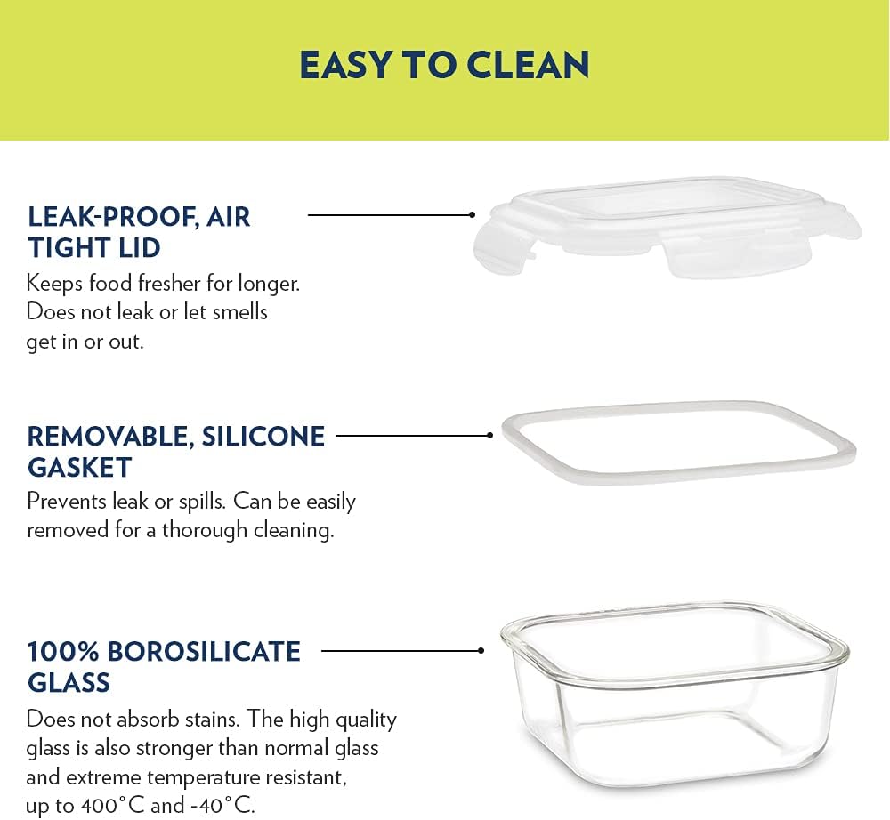 BOROSIL Clip & Store Set of 2 | Microwave & Oven Safe | Glass Storage Container | 320ml Square & 400ml Round | With Air Tight Lid | ICYSQRD201TEX