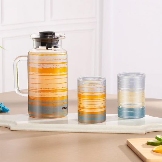 BOROSIL Glance 1L Borosilicate Multipurpose Jug With 4 Pc Set | Vision Glass | Water Jug With Handle | Jug For Dining Table | Glass Pitcher | Transparent | 295ML | BVGLANCBS4JM