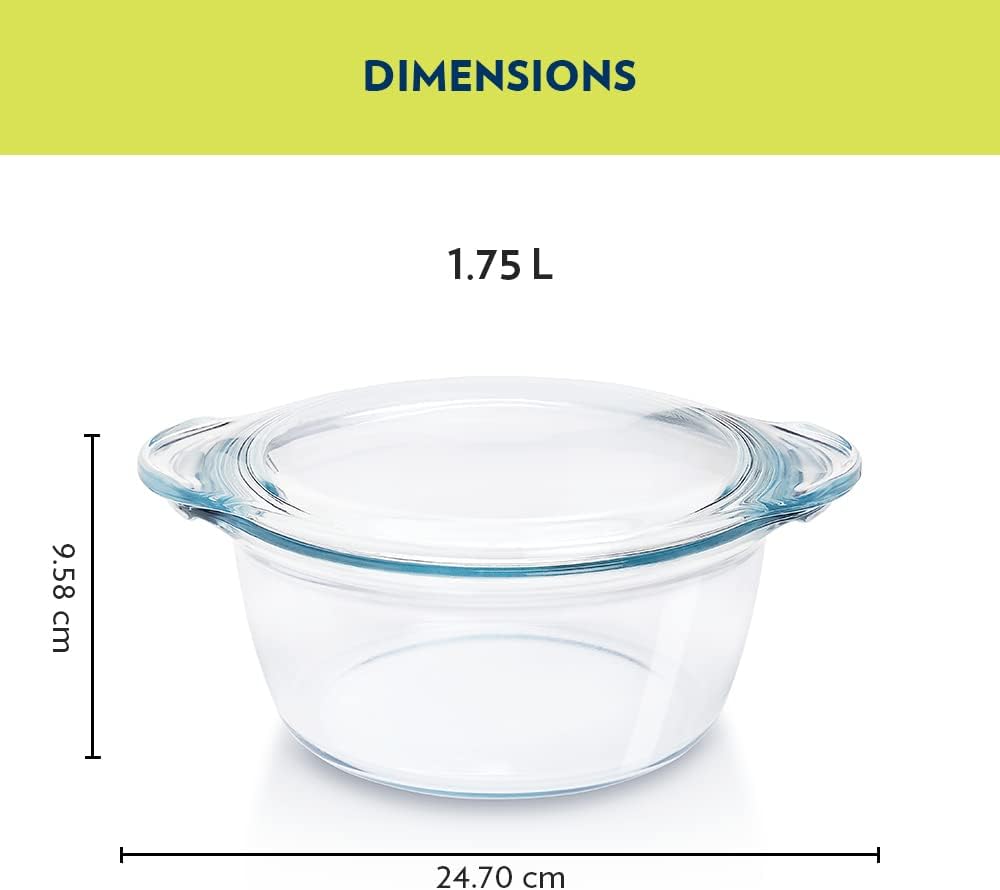 BOROSIL Deep Round Casserole With Glass Lid | Microwaveble | Scratch Resistant | Oven | Dishwasher Proof | Transparent | 1.75L | IH22CA13701EX