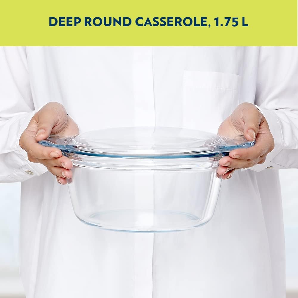 BOROSIL Deep Round Casserole With Glass Lid | Microwaveble | Scratch Resistant | Oven | Dishwasher Proof | Transparent | 1.75L | IH22CA13701EX