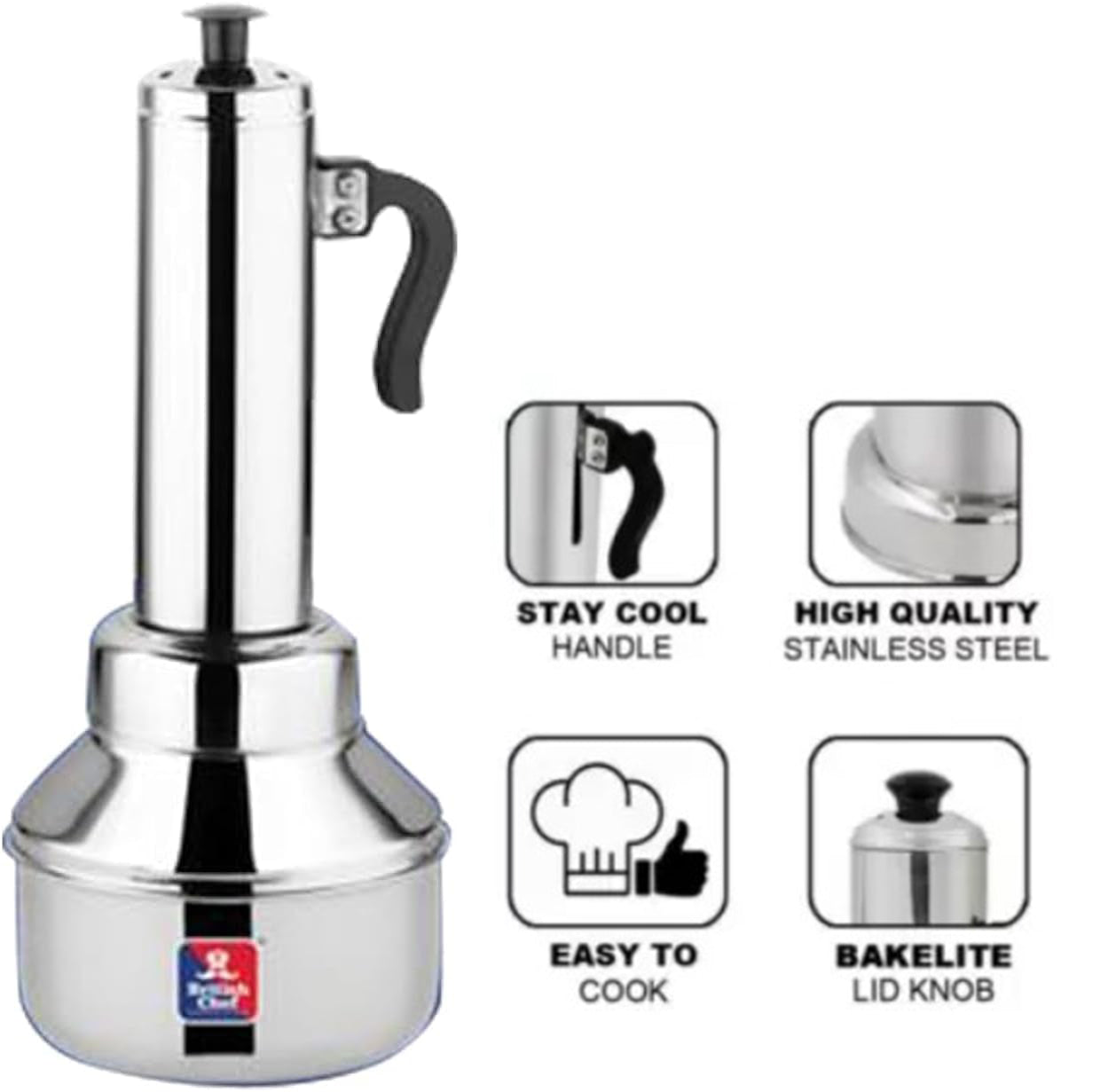 BRITISH CHEF Stainless Steel Puttukudam/Puttu Maker/Puttu Steamer, LARGE - BC710