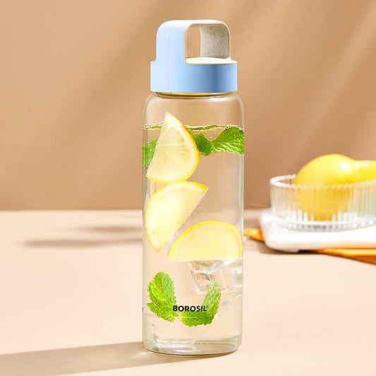 BOROSIL Neo Glass Bottle With Lid | Reusable | Refillable | Hot Water | Cold Water | Leak Proof | Microwavable | Freezer Safe | Wide Mouth Husk Lid | 1L