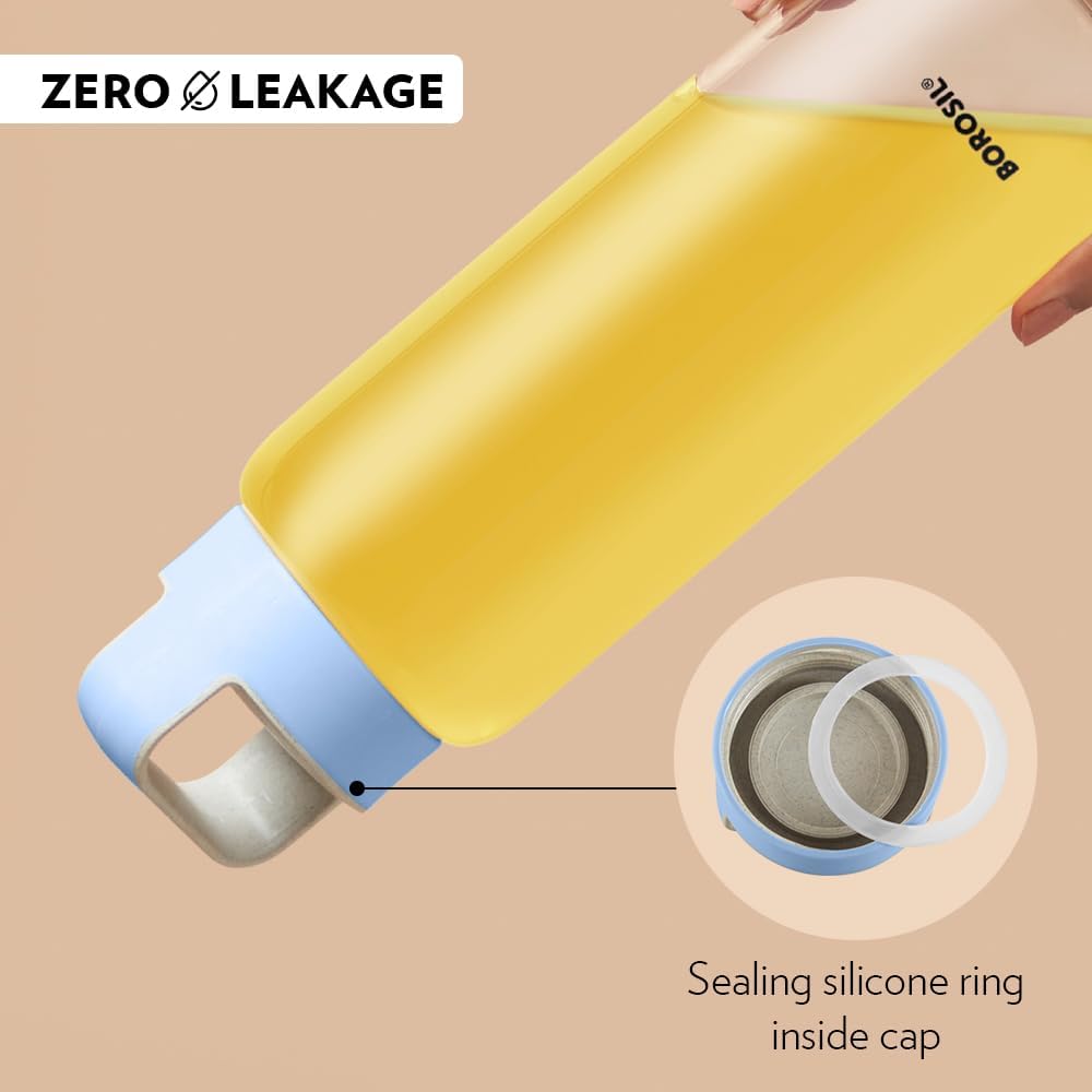 BOROSIL Neo Glass Bottle | Reusable | Refillable | Hot Water | Cold Water | Leak Proof | Wide Mouth | Microwavable | Freezable | 750ML
