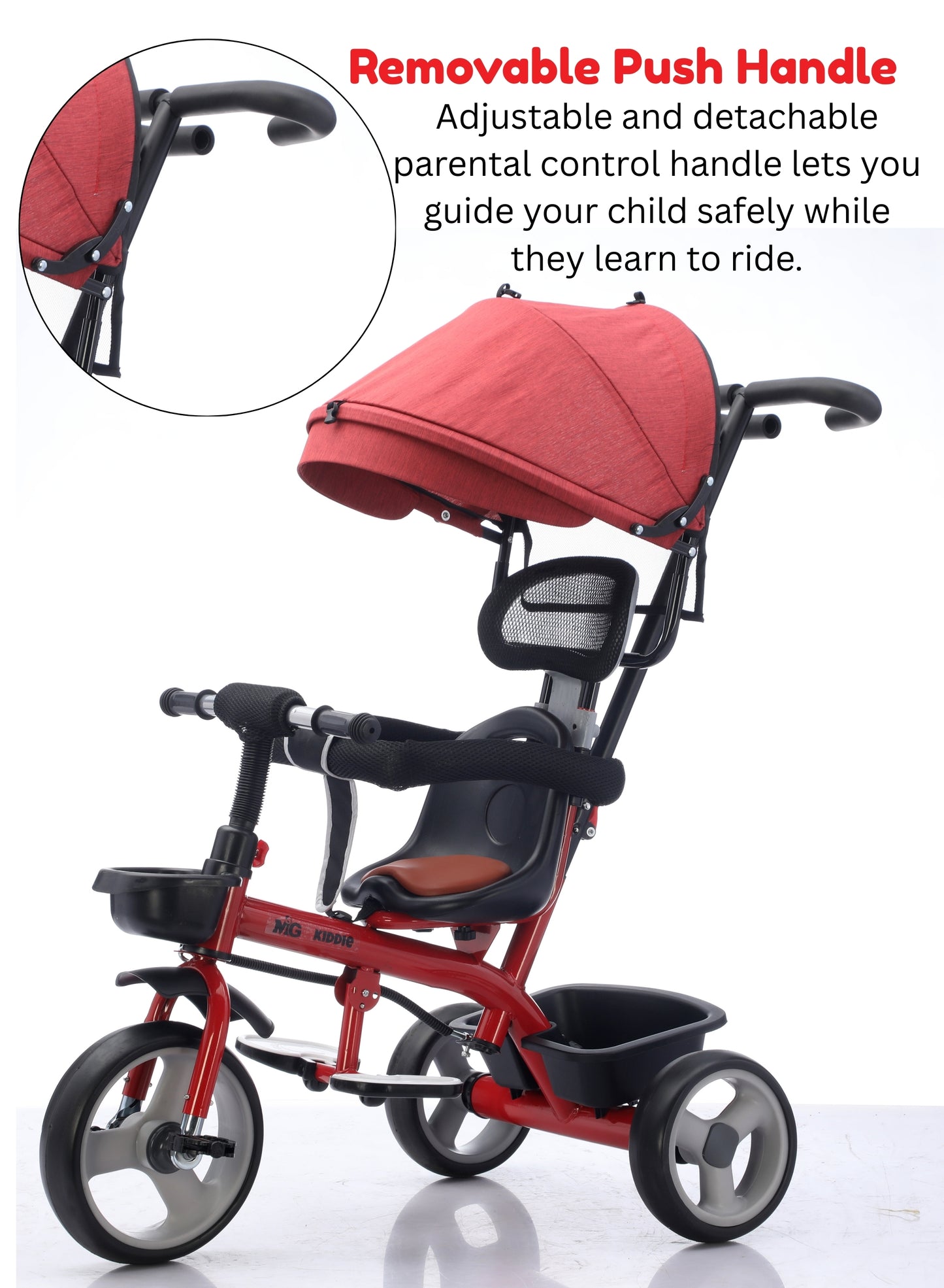 MG Folding Toddler Tricycle For 1-5 Years Old| 4-in-1 Kids Stroller Trolley | 360° Swivel Seat | Removable Push Handle | Rear Wheel Dual Brakes | Adjustable Canopy & Storage - MGT914 Red