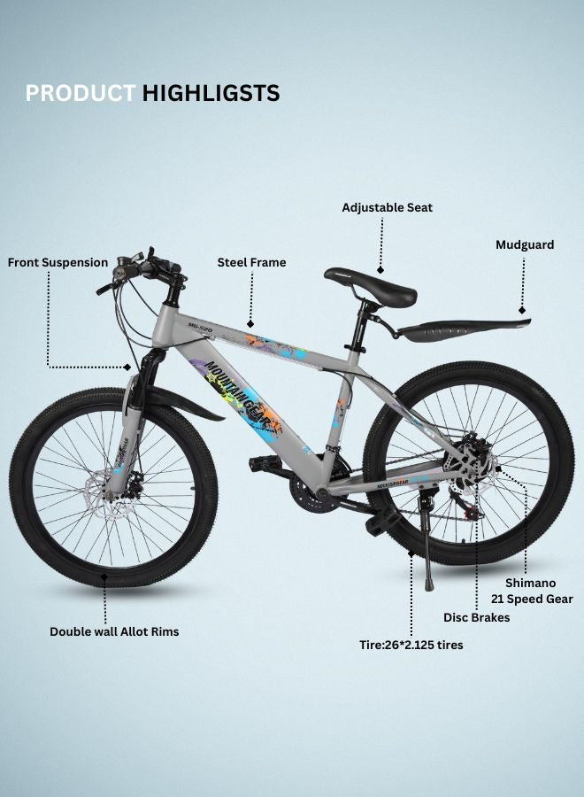 MOUNTAIN GEAR 21-Speed MTB Mountain Bike | 24-Inch Bicycle with High Carbon Steel Frame | Spoke Wheel | Disc Brakes | 38 Shock-Absorbing Front Fork | TX-30 Shimano Shifters | PVC Pedals | MTB Seat - MGR311382