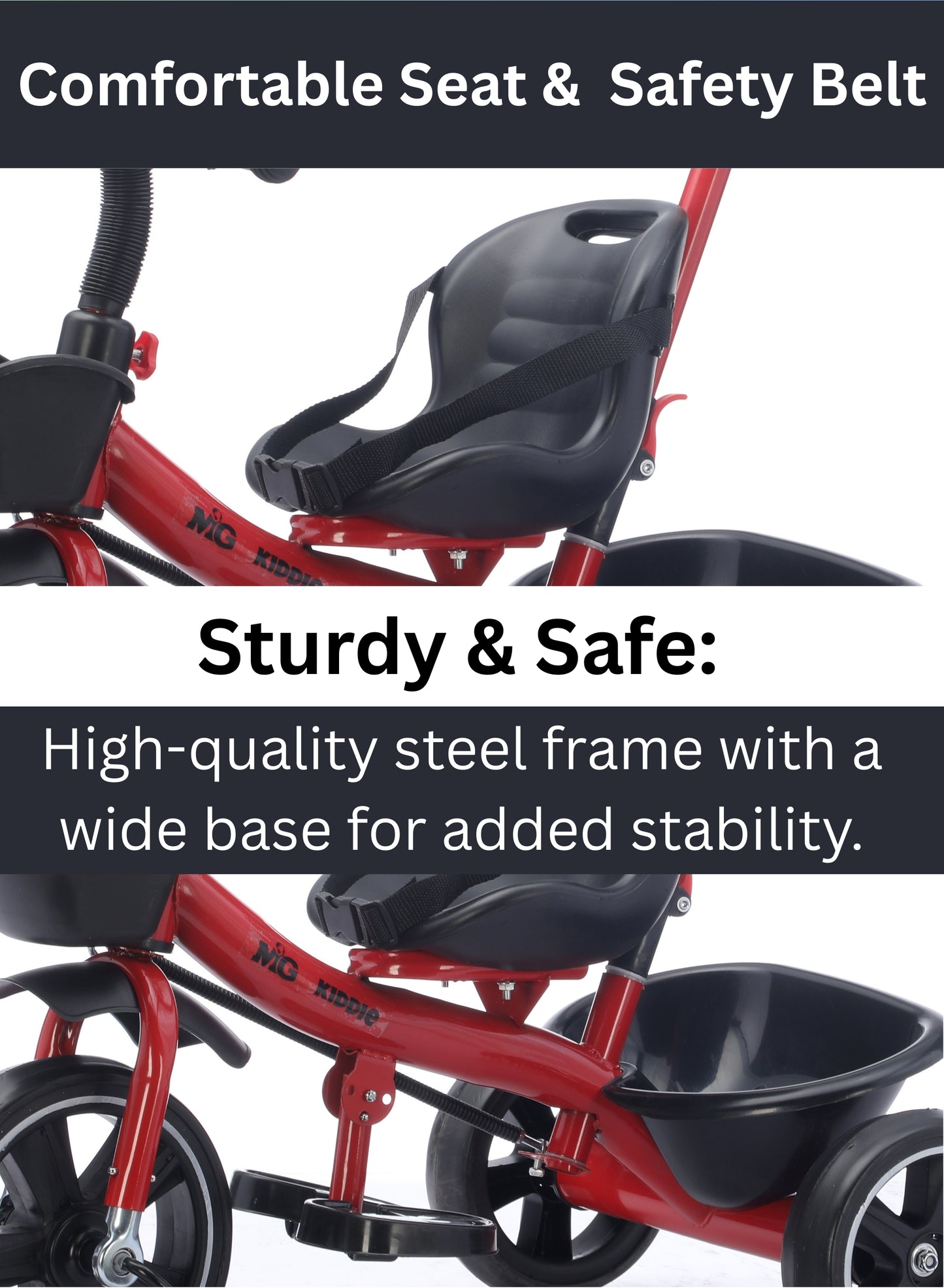 MG Kids 2-in-1 Parental Push Handle Bike with Lights & Music | 3-Wheel Toddler Bike with Front Basket & Rear Storage| Safety Belt | Fun Ride-On Toy For 1-5 Years - MGT913 Red