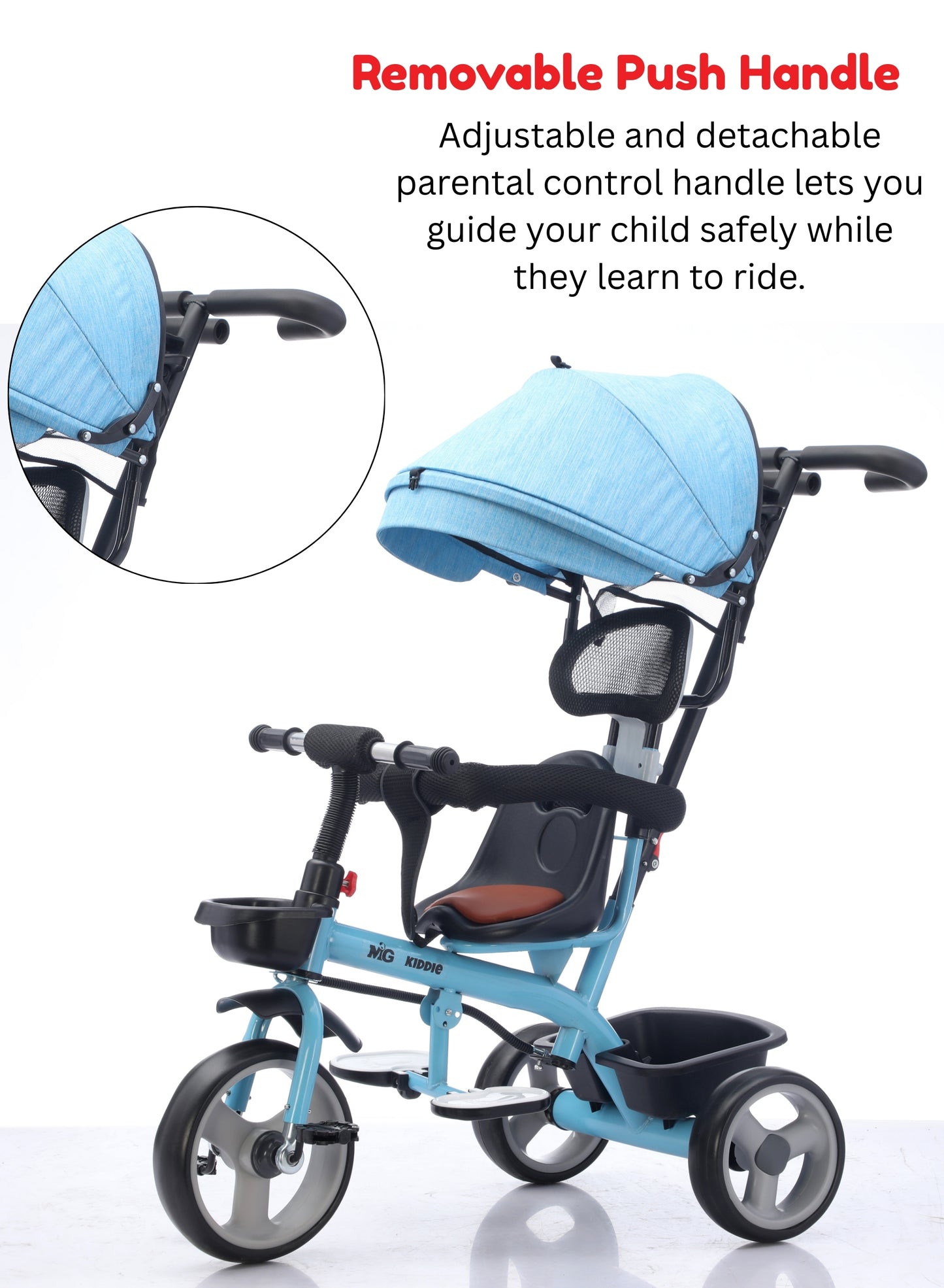MG Folding Toddler Tricycle For 1-5 Years Old| 4-in-1 Kids Stroller Trolley | 360° Swivel Seat | Removable Push Handle | Rear Wheel Dual Brakes | Adjustable Canopy & Storage - MGT914 Blue