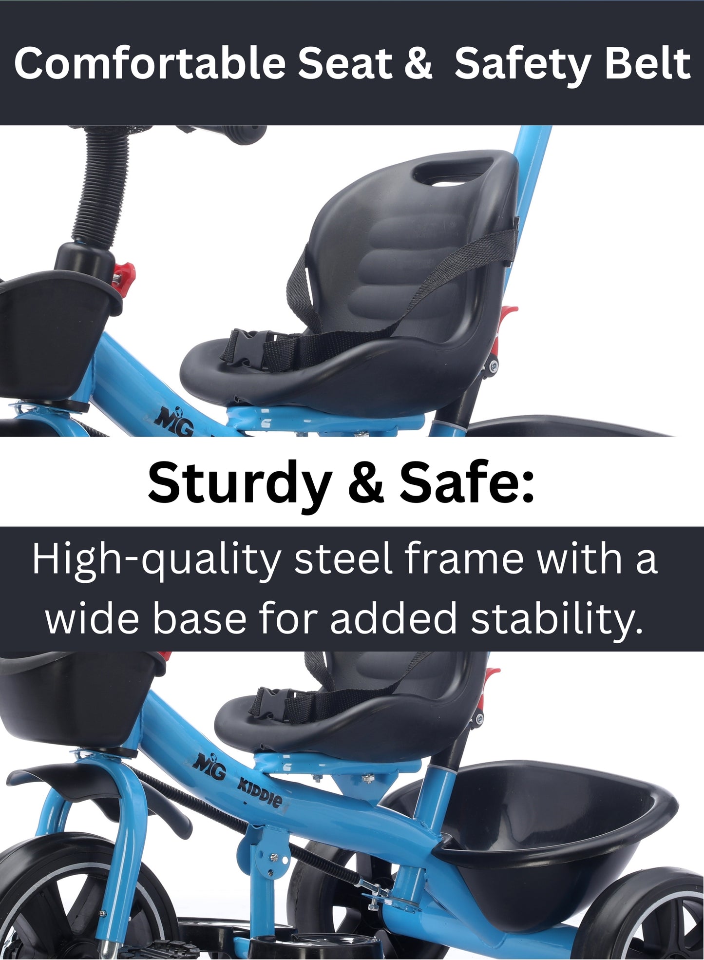 MG Kids 2-in-1 Parental Push Handle Bike with Lights & Music | 3-Wheel Toddler Bike with Front Basket & Rear Storage| Safety Belt | Fun Ride-On Toy For 1-5 Years - MGT913 Blue