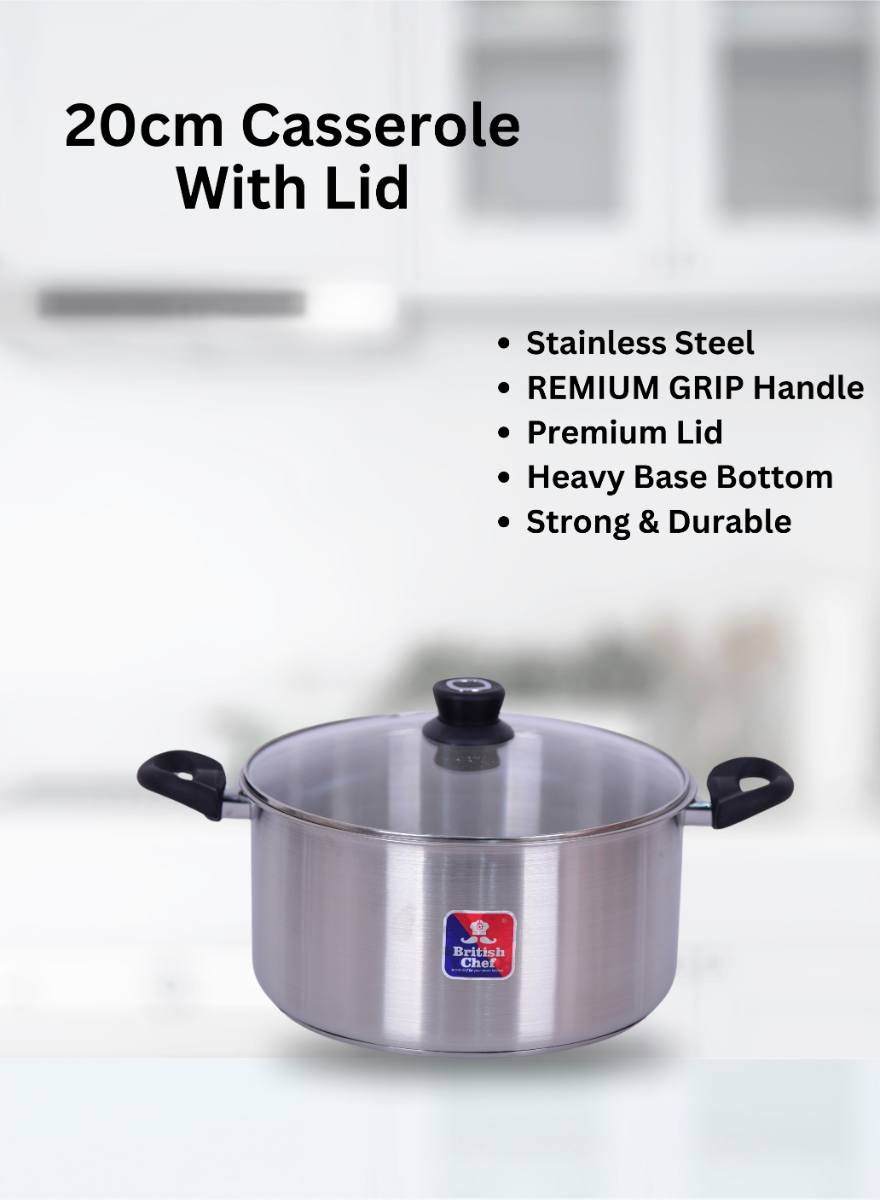 BRITISH CHEF 7 Piece Stainless Steel Nonstick Cookware Set | Induction Base, Heavy Base Bottom | 28cm Casserole+Lid | 16cm Sauce Pan | 24cm Fry pan | 20cm Casserole+Lid | BC177