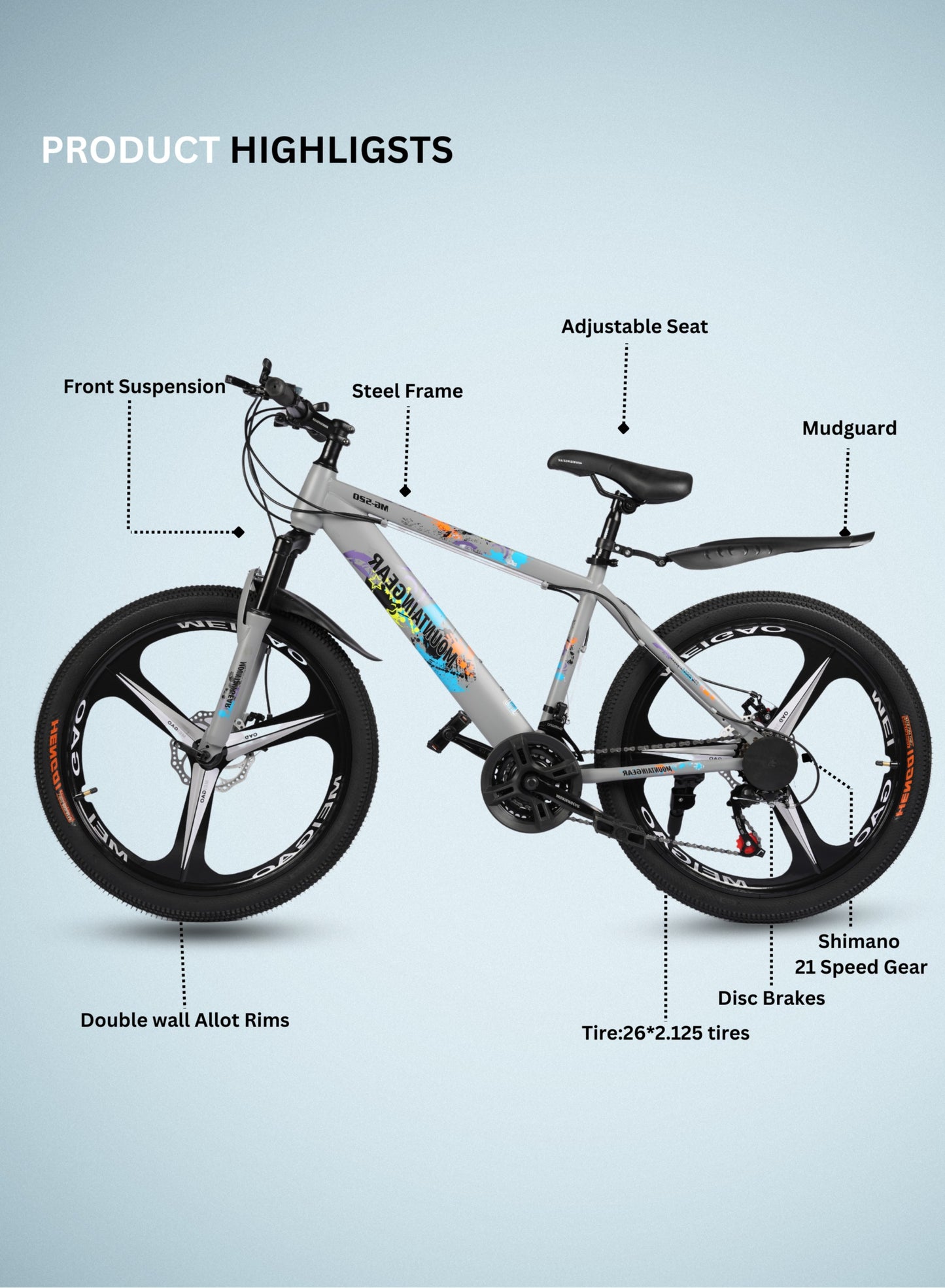 MOUNTAIN GEAR 21-Speed MTB Mountain Bike | 24-Inch Bicycle with High Carbon Steel Frame | Mag Wheel | Disc Brakes | 38 Shock-Absorbing Front Fork | TX-30 Shimano Shifters | PVC Pedals | MTB Seat - MGR311383