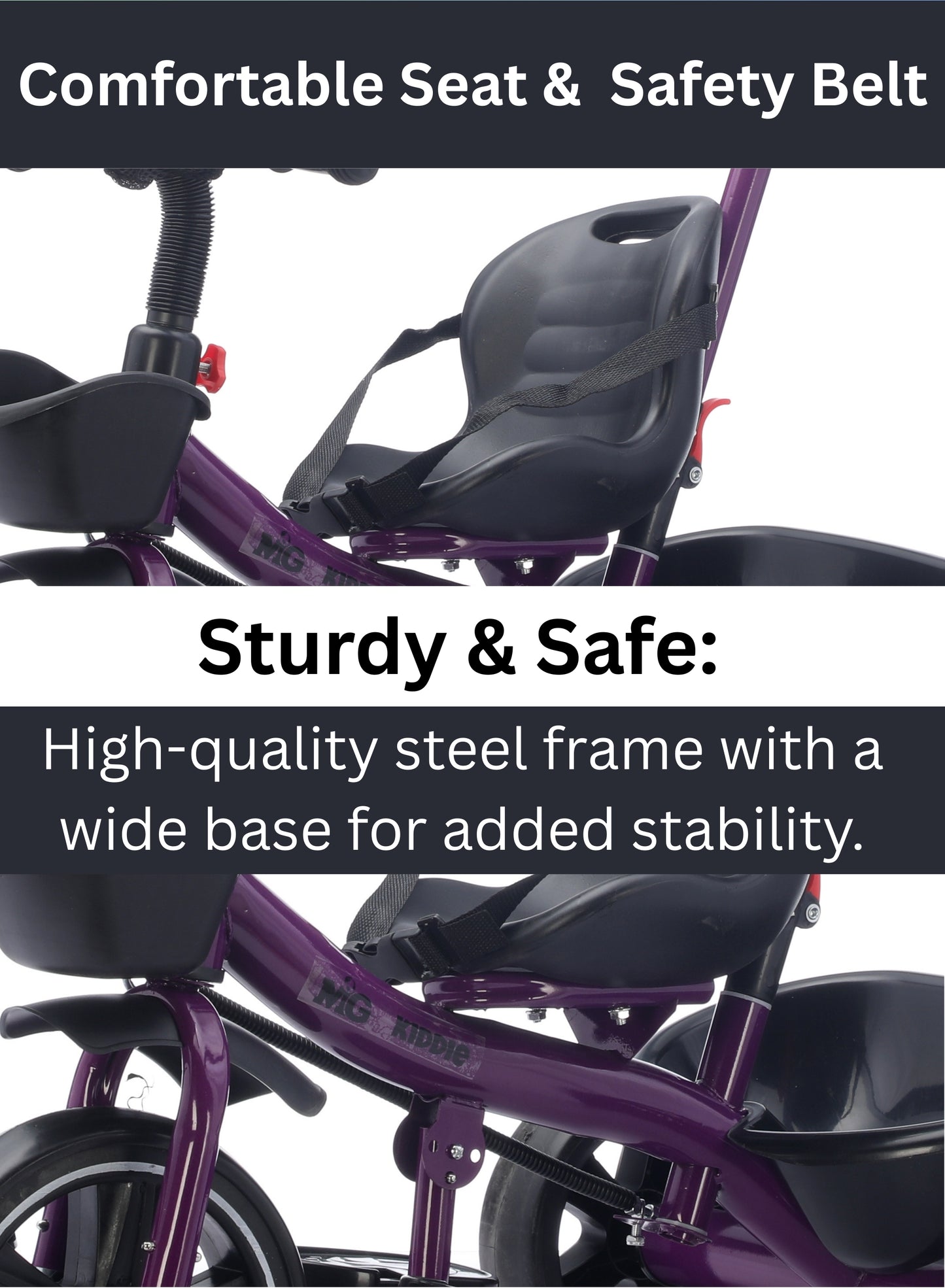 MG Kids 2-in-1 Parental Push Handle Bike with Lights & Music | 3-Wheel Toddler Bike with Front Basket & Rear Storage| Safety Belt | Fun Ride-On Toy For 1-5 Years - MGT913 Purple