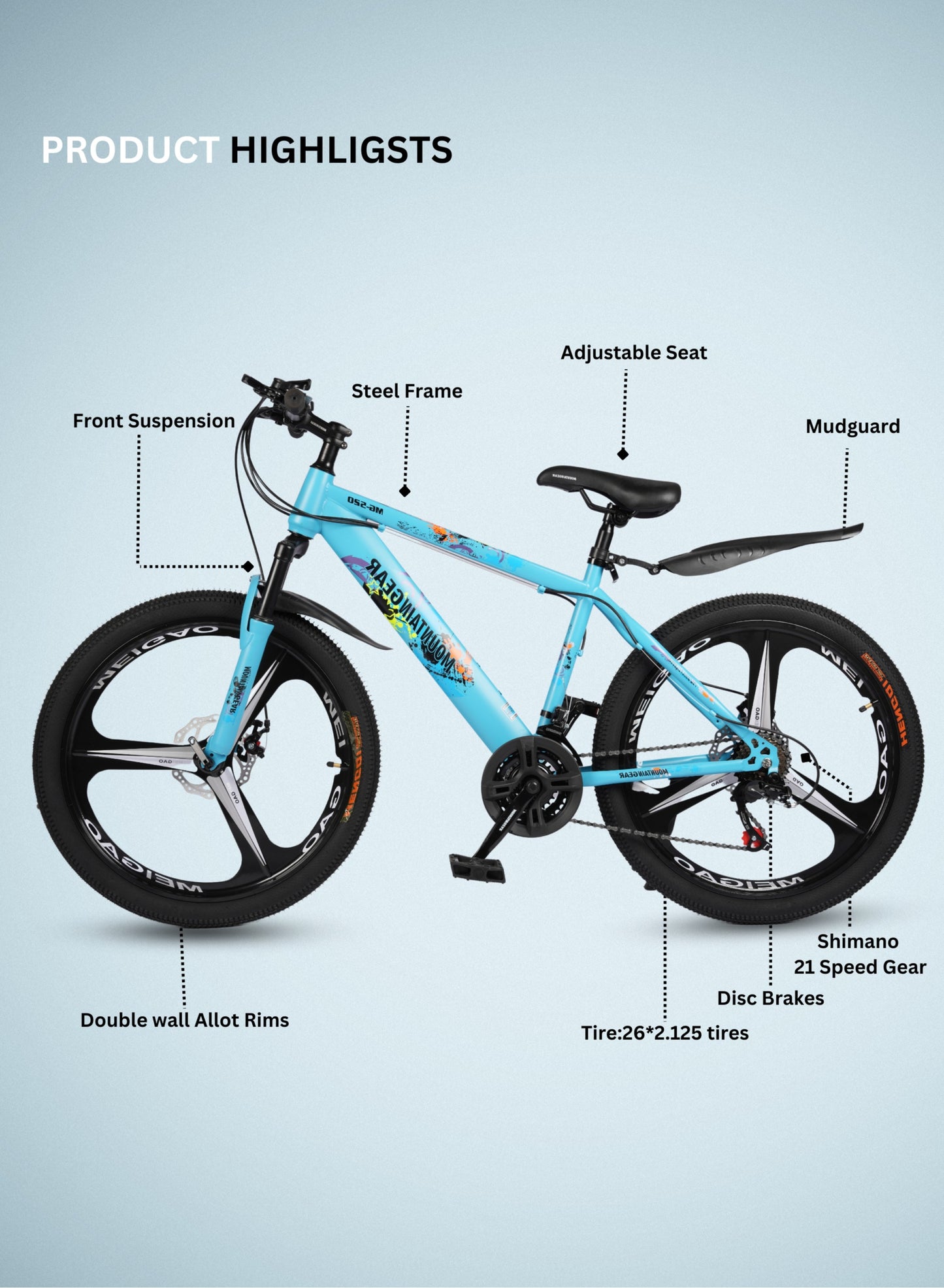 MOUNTAIN GEAR 21-Speed MTB Mountain Bike | 24-Inch Bicycle with High Carbon Steel Frame | Mag Wheel | Disc Brakes | 38 Shock-Absorbing Front Fork | TX-30 Shimano Shifters | PVC Pedals | MTB Seat - MGR311383