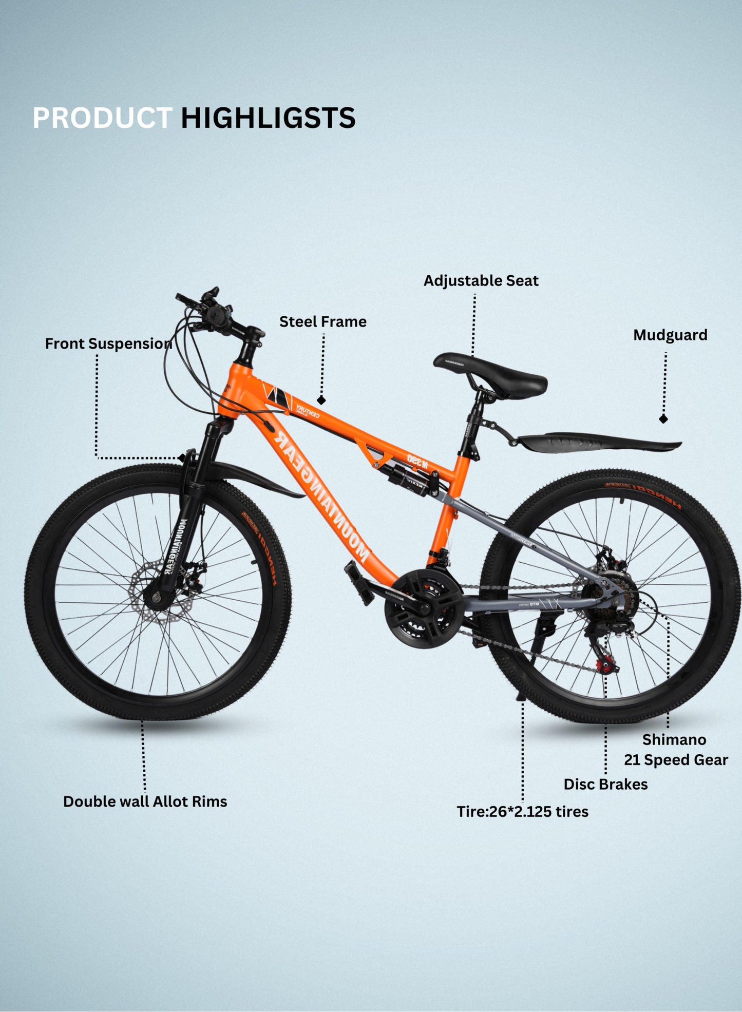 MOUNTAIN GEAR 21-Speed Mountain Bike | 24-Inch Cycle with High Carbon Steel Frame | Spoke Wheel | Disc Brakes | 38 Shock-Absorbing Front Fork | TX-30 Shimano Shifters | PVC Pedals | MTB Seat - MGR311380