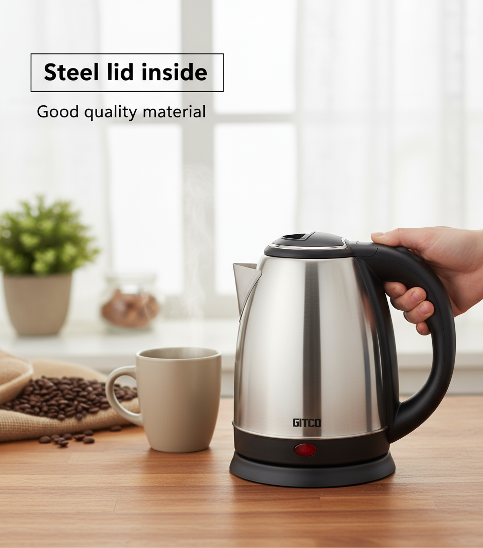 GITCO Electric Stainless Steel Kettle 1.8L Capacity with Auto Shut-Off, Fast Boiling & Dry Protection