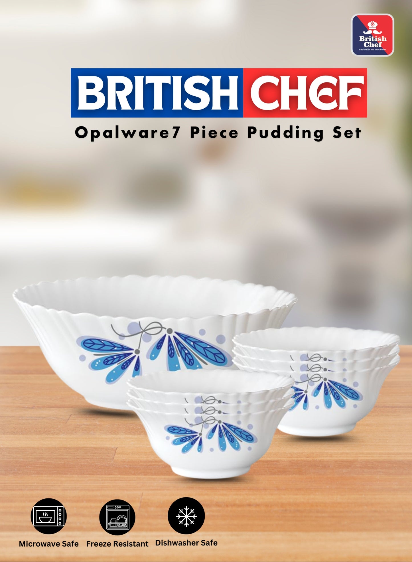 BRITISH CHEF 7 Piece Opalware Red Lily Pudding Set | 1 Piece Serving & 6 Piece Veg Bowls | Microwave & Dishwasher Safe| Chip & Scratch Resistant | WHITE - BC2010PS