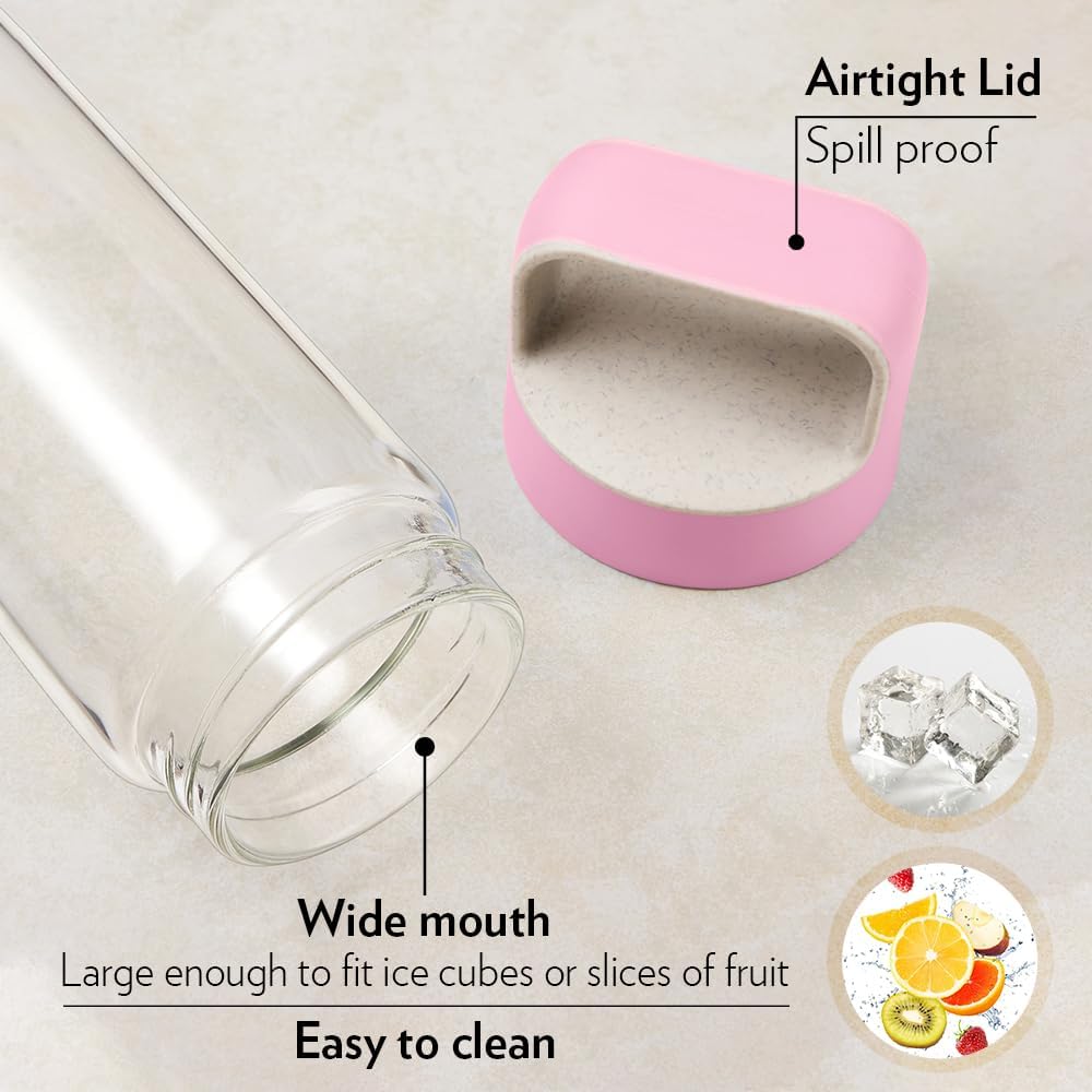BOROSIL Crysto Glass Bottle With Pink Lid | Reusable | Refillable | Hot Water | Cold Water | Leak Proof | Microwavable | Freezer Safe | Wide Mouth Husk Lid | 550ML | BVUNEPNK550
