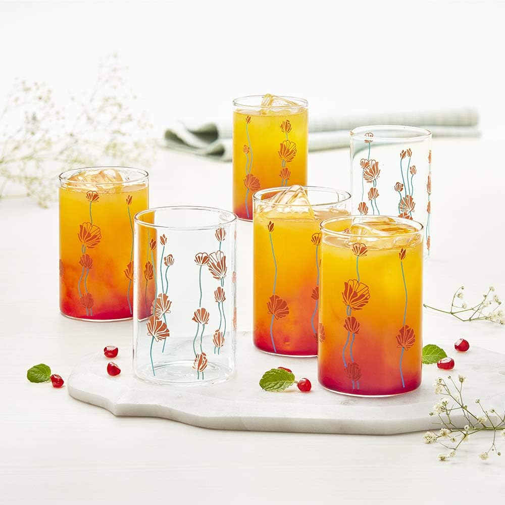 BOROSIL Vision Designer Glass Set Of 6 | Beverage Glasses For Juice | Scratch Resistant | Microwave Safe | Lightweight | 295ML | BVVREBDM295