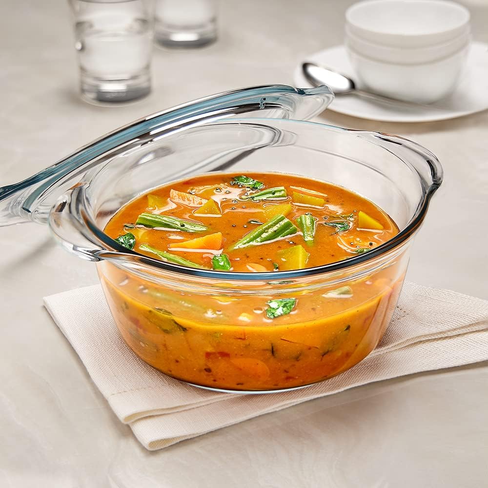 BOROSIL Deep Round Casserole With Glass Lid | Microwaveble | Scratch Resistant | Oven | Dishwasher Proof | Transparent | 1.75L | IH22CA13701EX