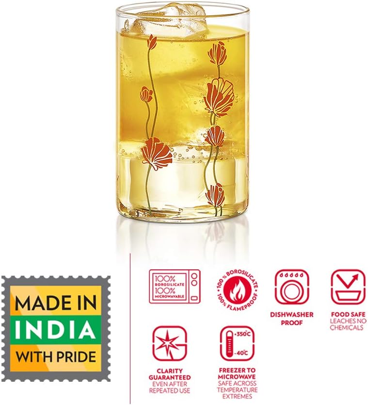 BOROSIL Vision Designer Glass Set Of 6 | Beverage Glasses For Juice | Scratch Resistant | Microwave Safe | Lightweight | 295ML | BVVREBDM295